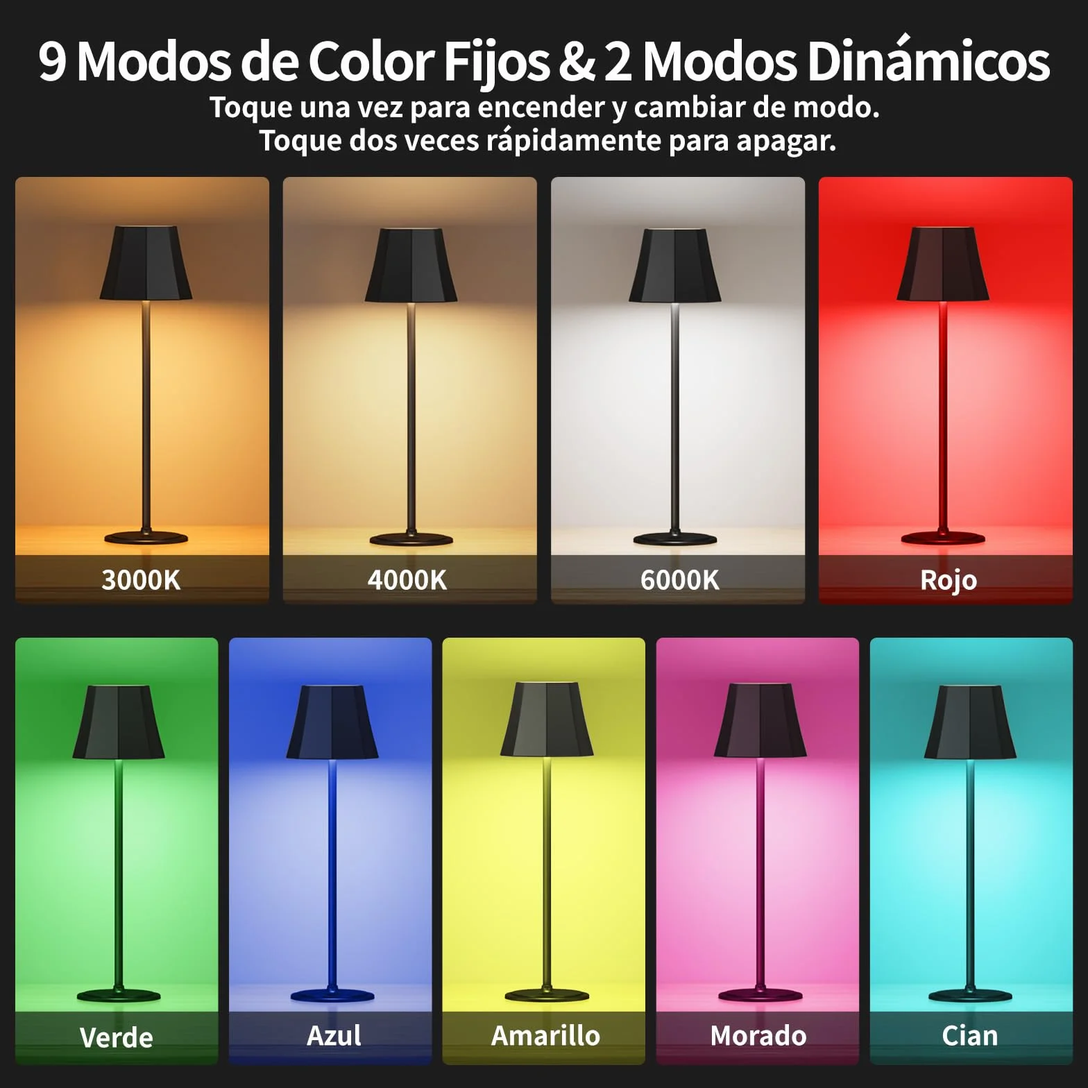 Suright Lámpara de Mesa Sin Cable 3 Temperaturas de Color RGB Recargable Brillo Ajustable 2 Alturas IP54 Impermeable