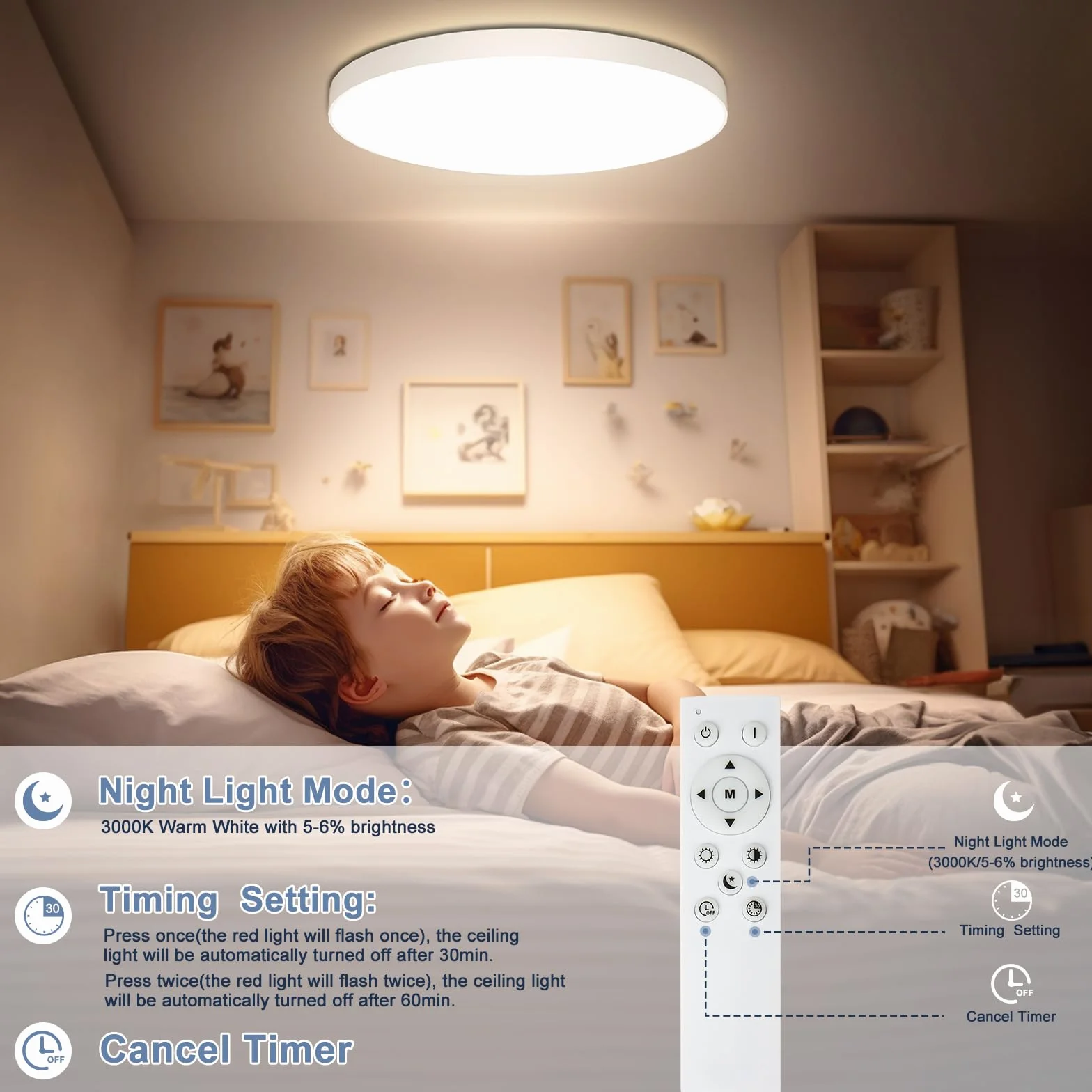 OUILA Plafon LED Regulable 24W 3000K-6500K 2000LM IP44 Lampara con Mando a Distancia Ø28cm
