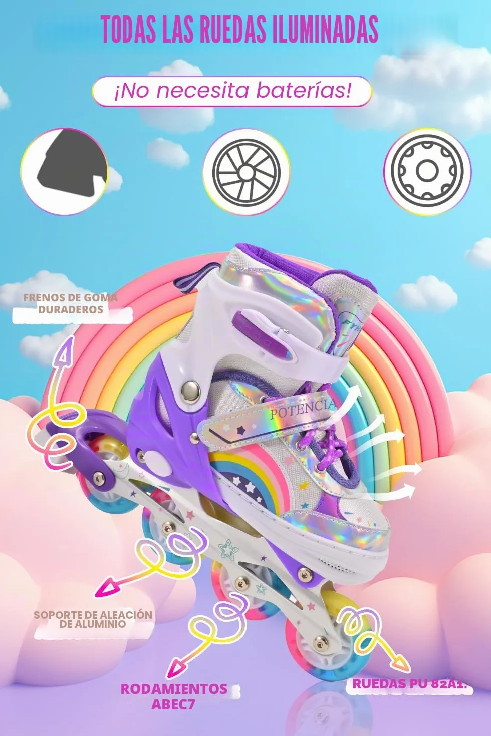 Patines en Línea Ajustables para Niños Principiantes, Patines de Ruedas Violeta Arco Iris
