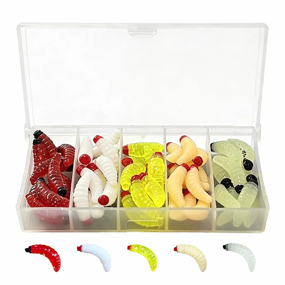 Atrayentes de pesca,50 cebos biomiméticos, 2,4 cm/0,4 g de gusanos de la harina para peces.