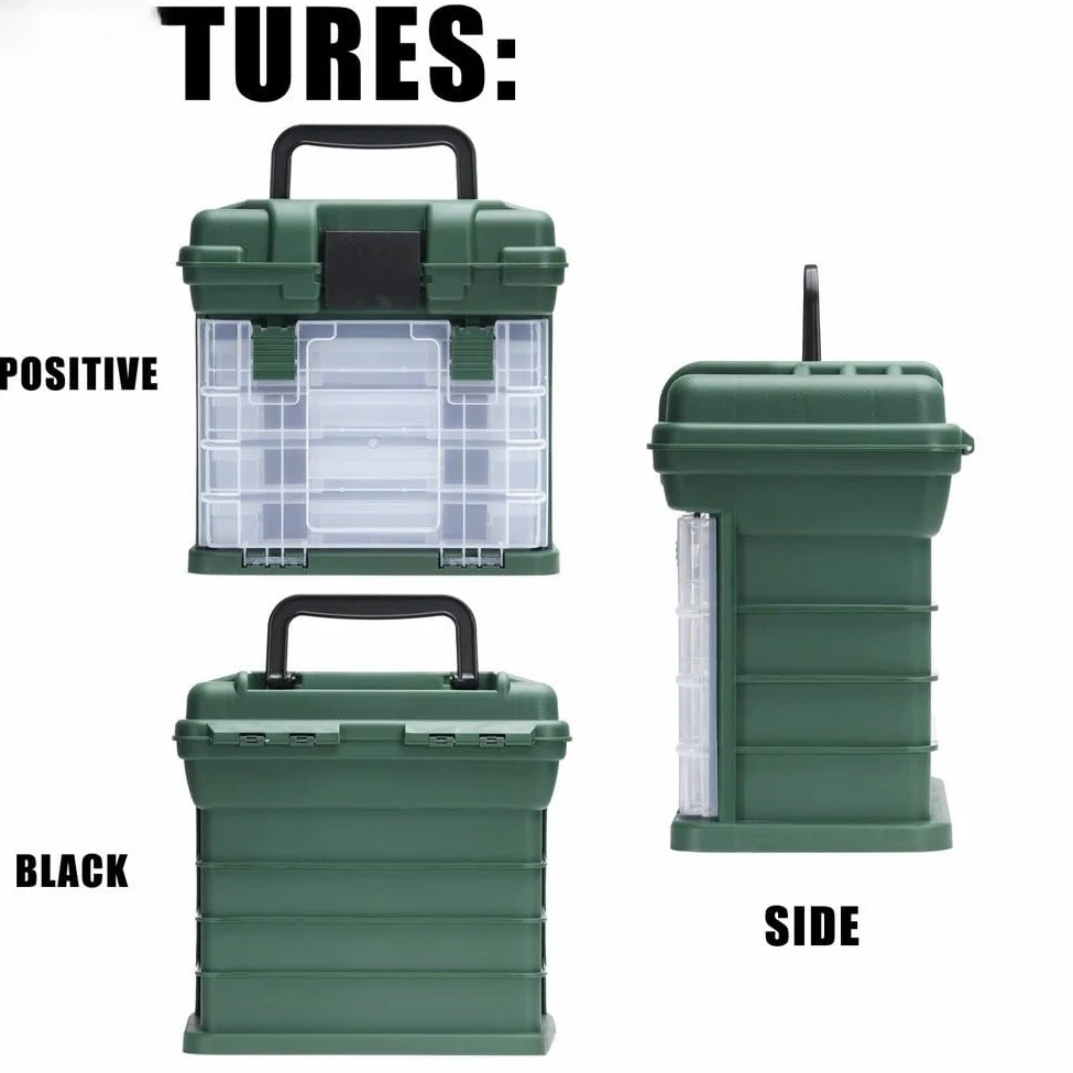 Caja de aparejos de pesca de polipropileno con diseño impermeable sistema de múltiples cajones y asa de transporte ergonómica para uso en exteriores (verde)
