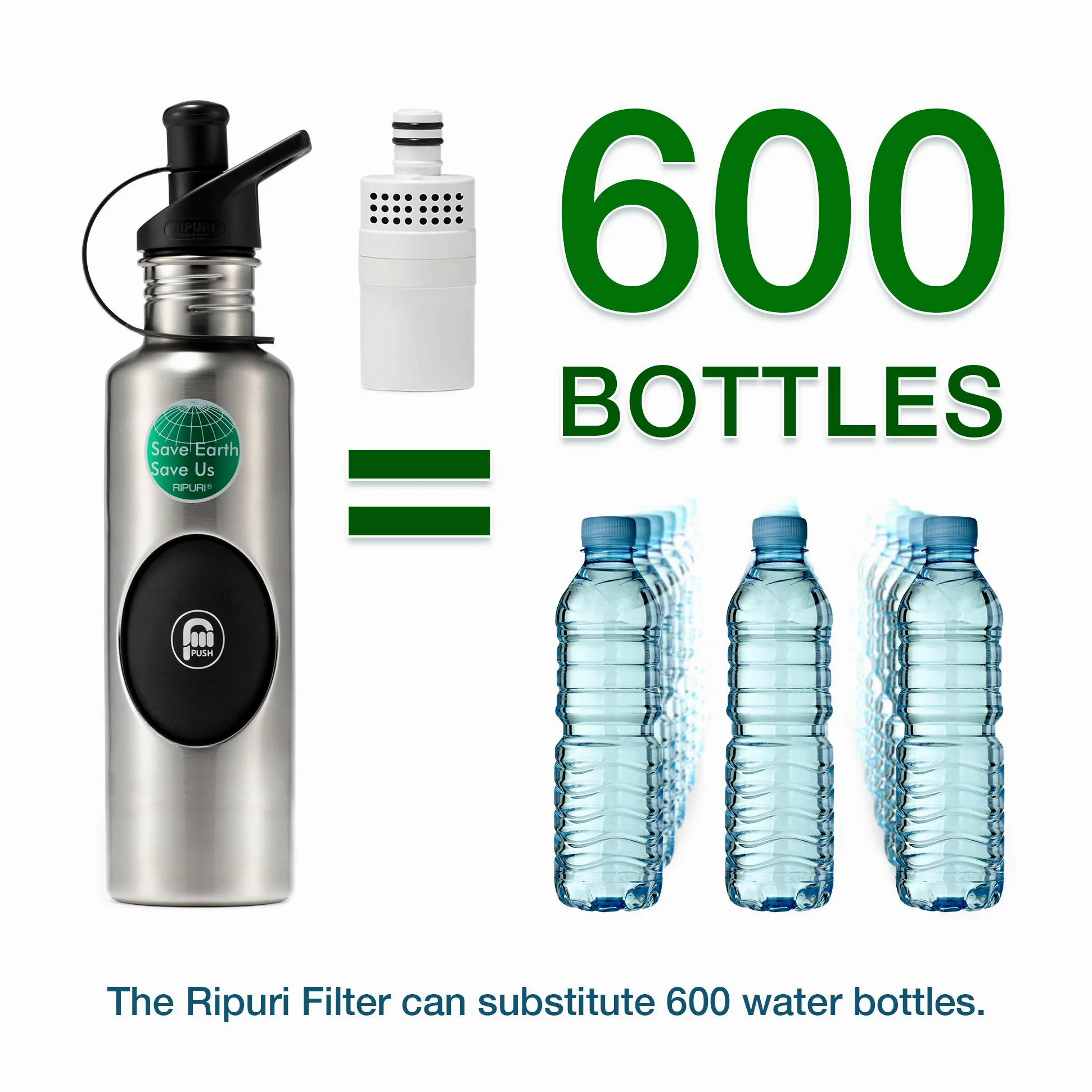 agua filtrada botella con bomba de aire para fácil para beber (incluye 1 filtro + 1 tapa), sin BPA, acero inoxidable, 27 g