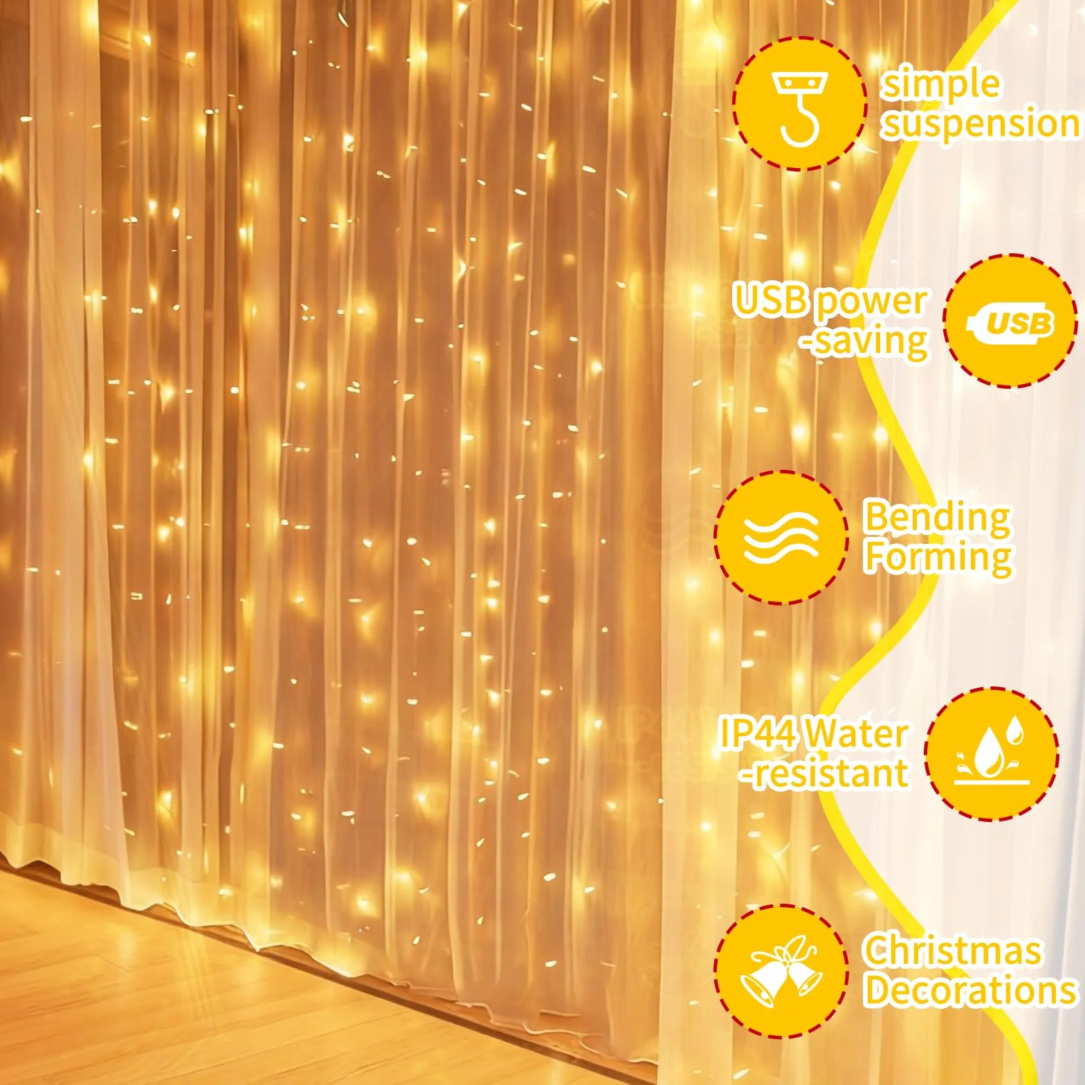 CNMTCCO Cortina de Luces 300 LED 3x3m 8 Modos con Remoto USB Resistente al Agua