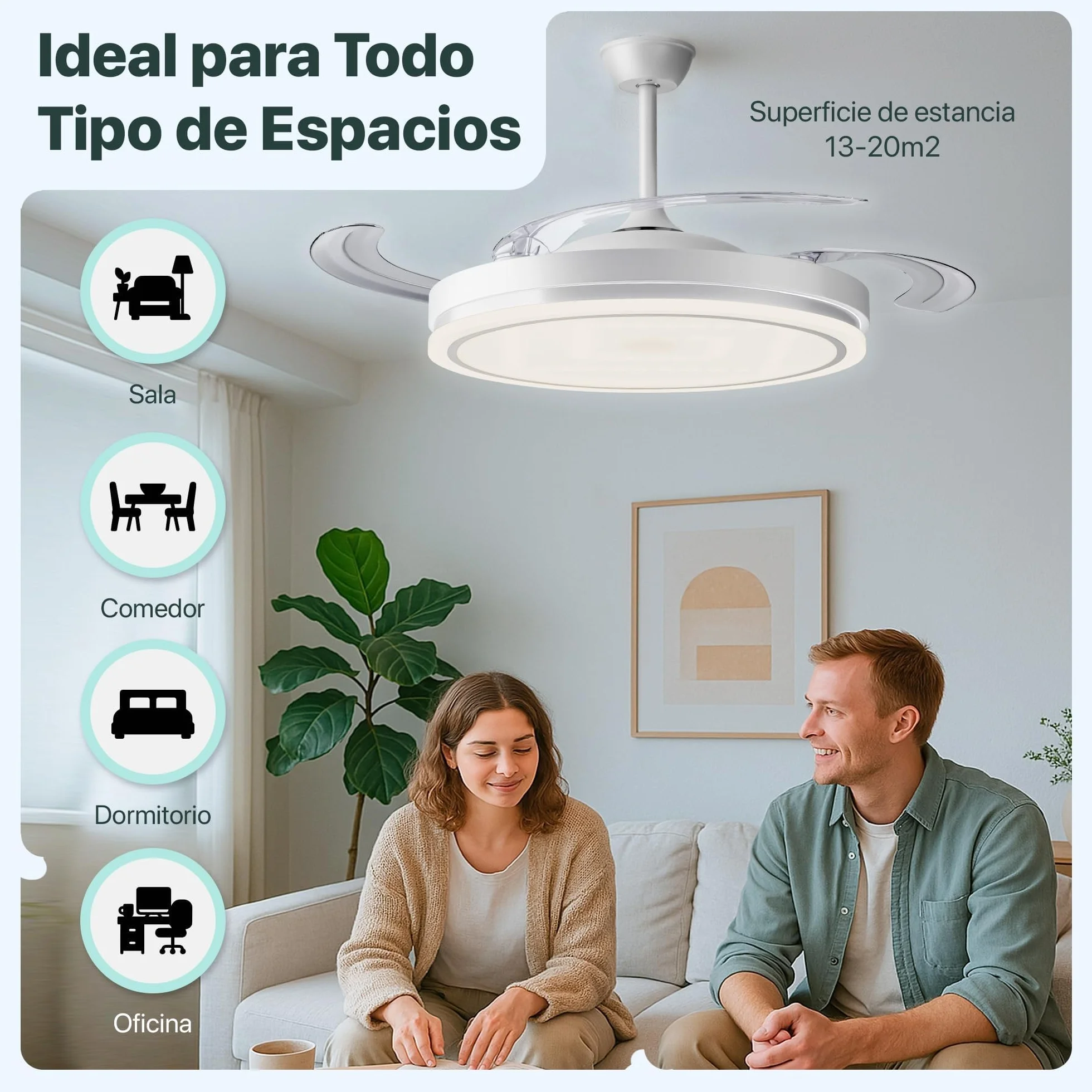 LEDUNI Ventilador de Techo LED con Aspas Retráctiles 66W 30W Motor DC 36W Luz 2880LM CCT 3000-6000K Control Remoto