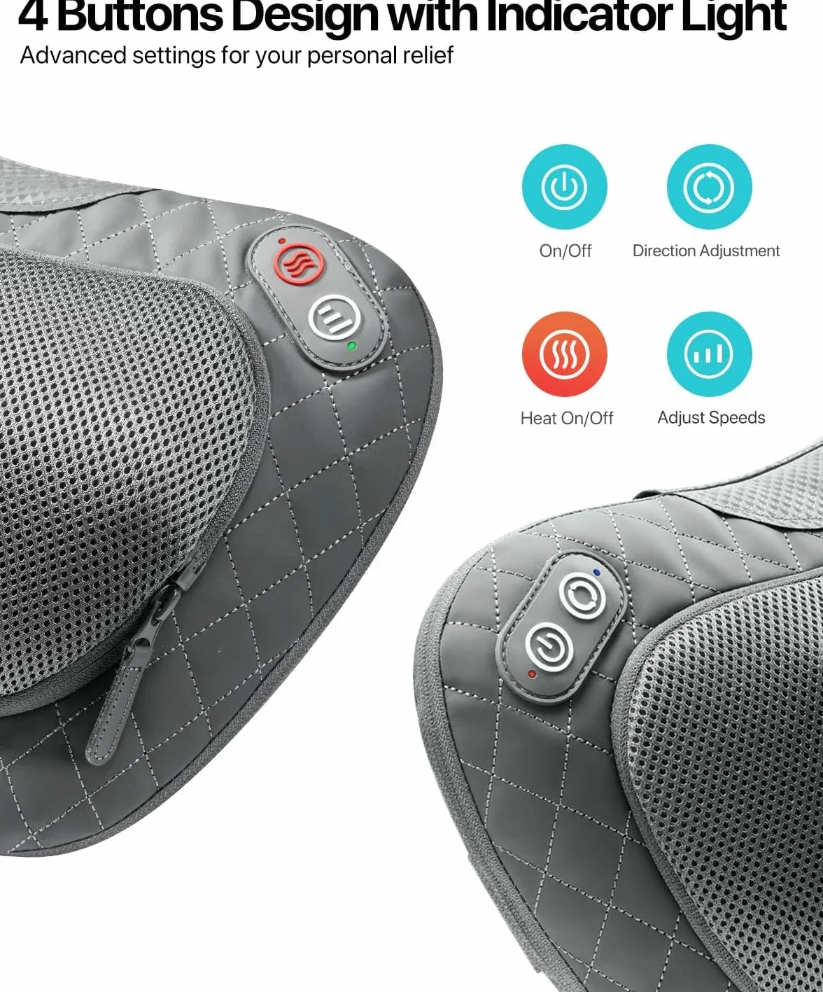 ALLJOY Cojín de Masaje Inalámbrico Shiatsu con Calor, Masajeador Cervical y Espalda, 3 Niveles 4 Nodos