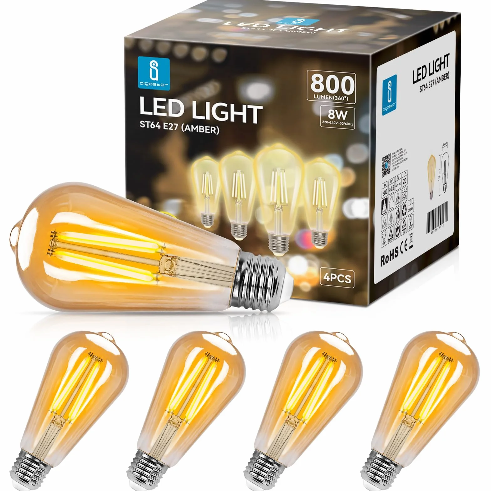 Aigostar ST64 Bombilla Edison Estilo Vintage LED E27 8W 60W Equivalente Blanco Cálido 2200K 360º Pack 4