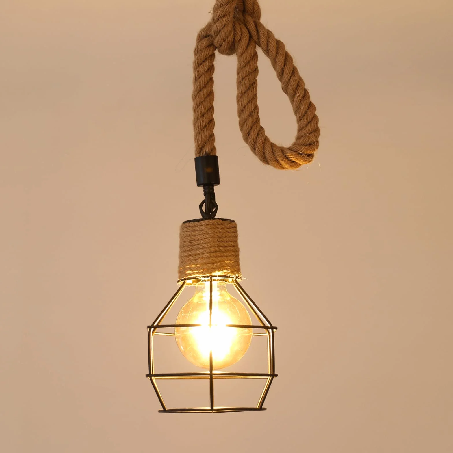 Vintage Lámpara Colgante Madera Cuerda de Cáñamo, Altura Ajustable, E27, Industrial Retro