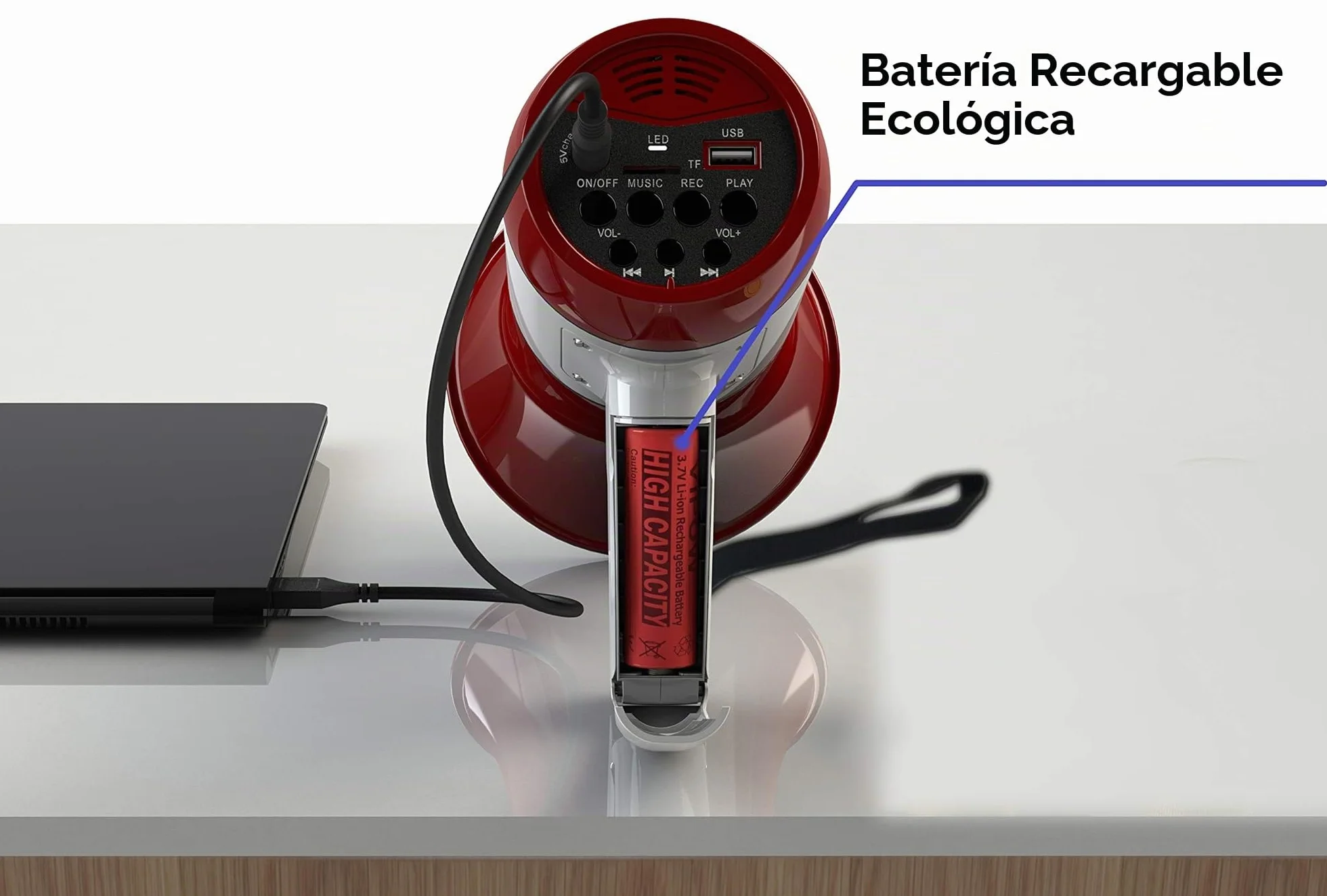 Megáfono Portátil con Sirena, Reproductor MP3, Grabador, Batería Recargable USB