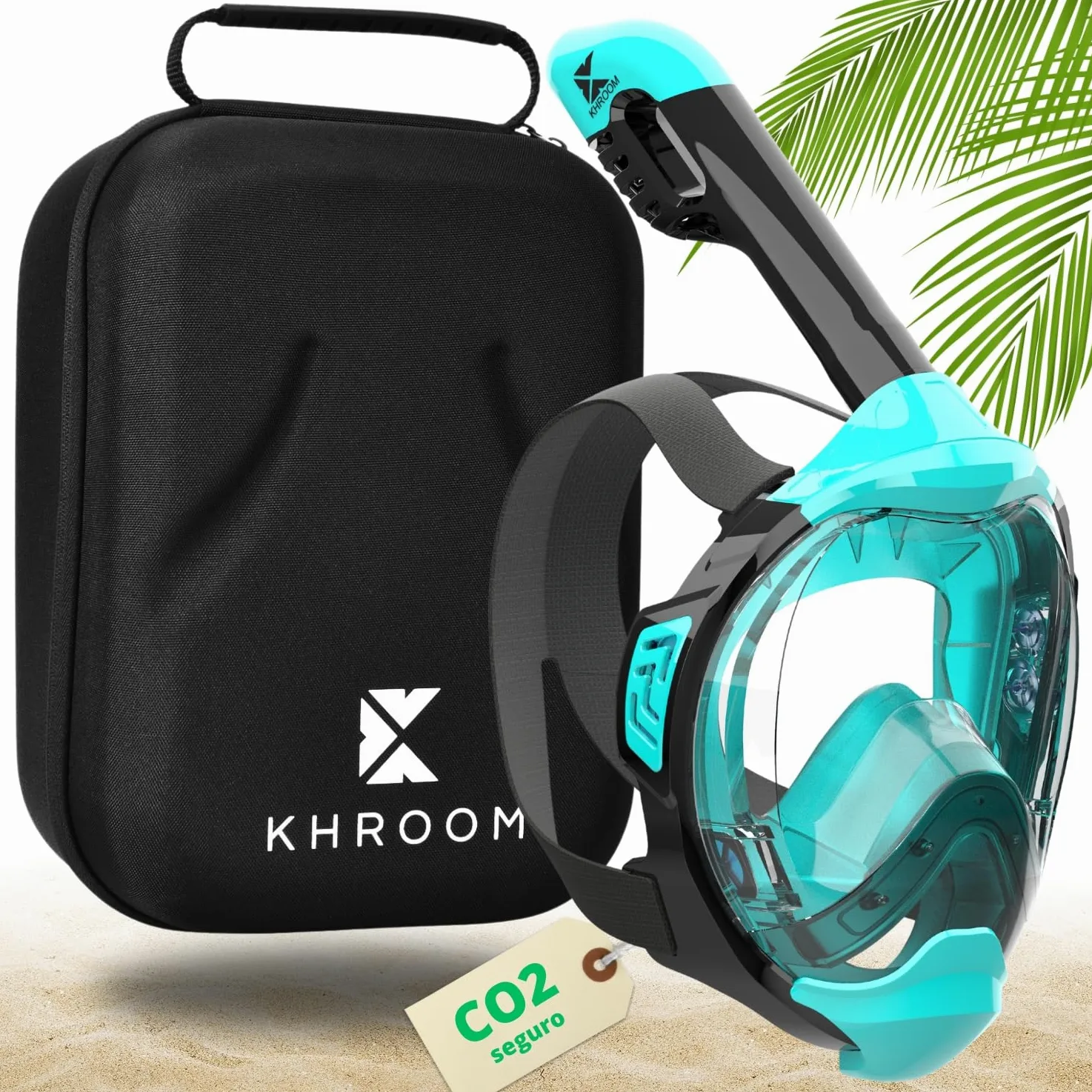 Khroom Máscara de esnórquel para Adultos y niños - Seaview Y | Sin Problemas de CO2 | Máscara Completa para Snorkeling| Equipo de Snorkel con máscara Integral Completa para Adultos L/XL Turquesa+Case