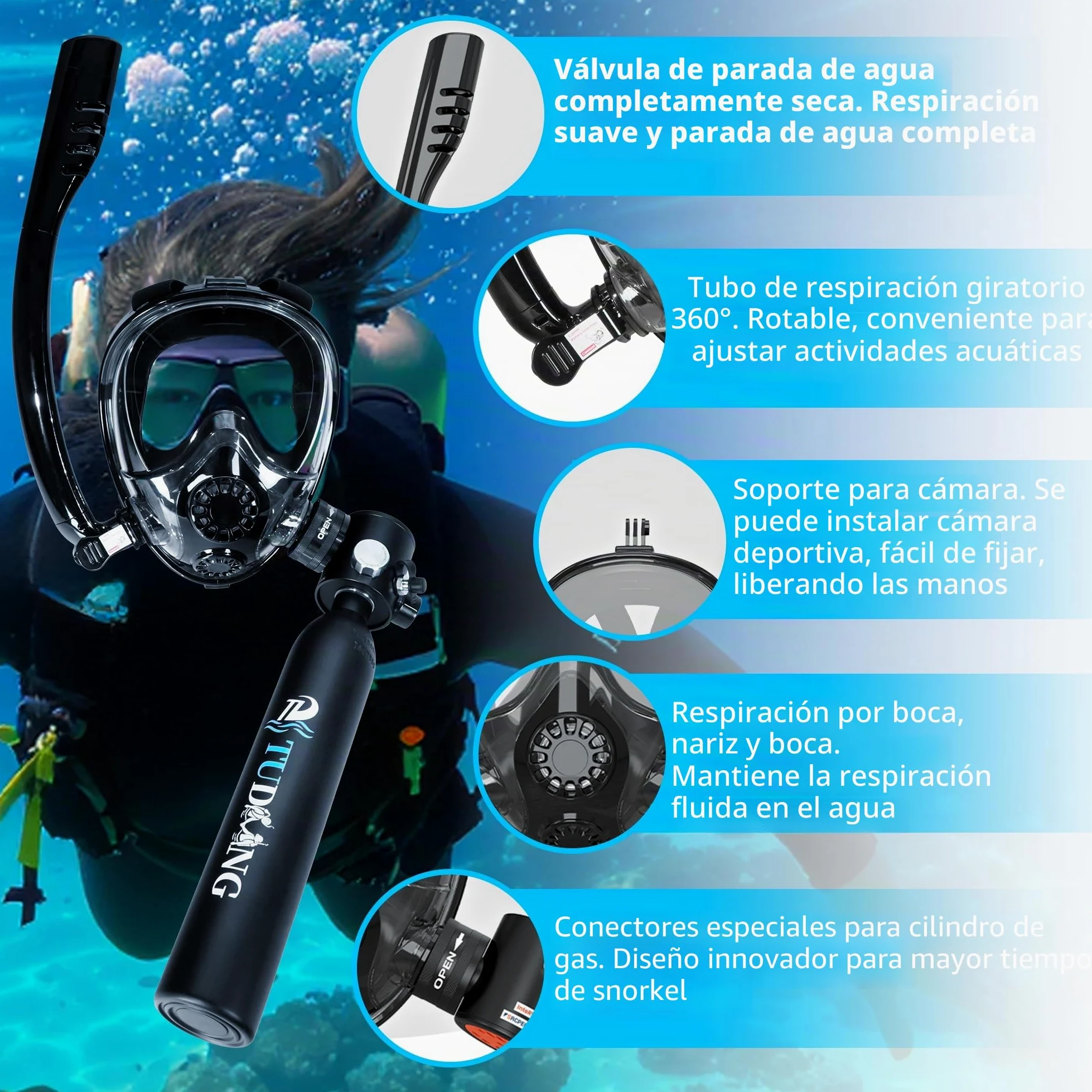 TUDIVING-Kit de Tanque de Buceo portátil, Mini Tanque de Buceo de 1L, Tanque de pulmón Reutilizable para Rescate de Emergencia, exploración submarina