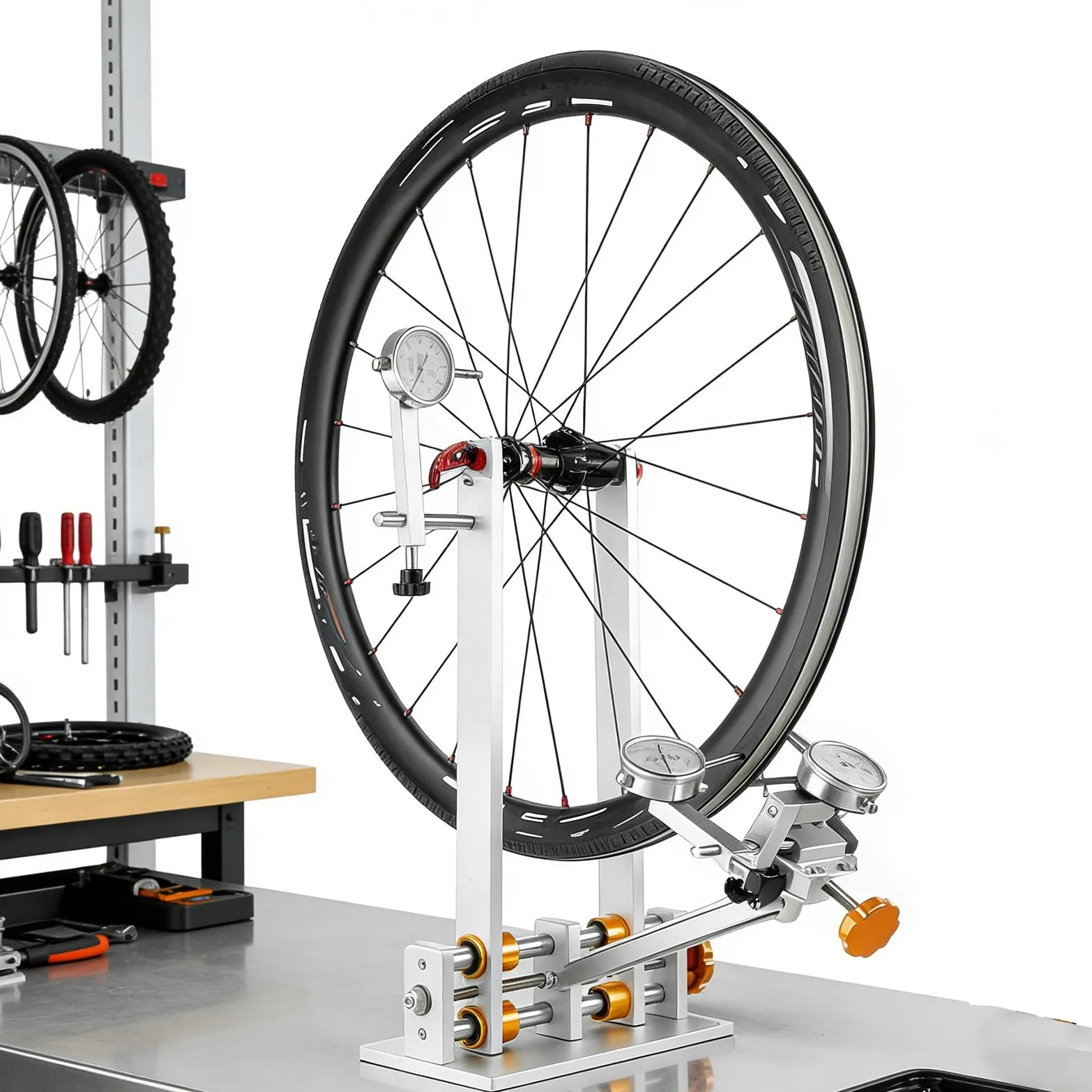 Herramienta de rectificado de ruedas de bicicleta, alineación de llantas de aluminio, 3 calibres, caídas ajustables de 55-200 mm, eje pasante, barra de 25 cm, llave de radios para ruedas de 16-29