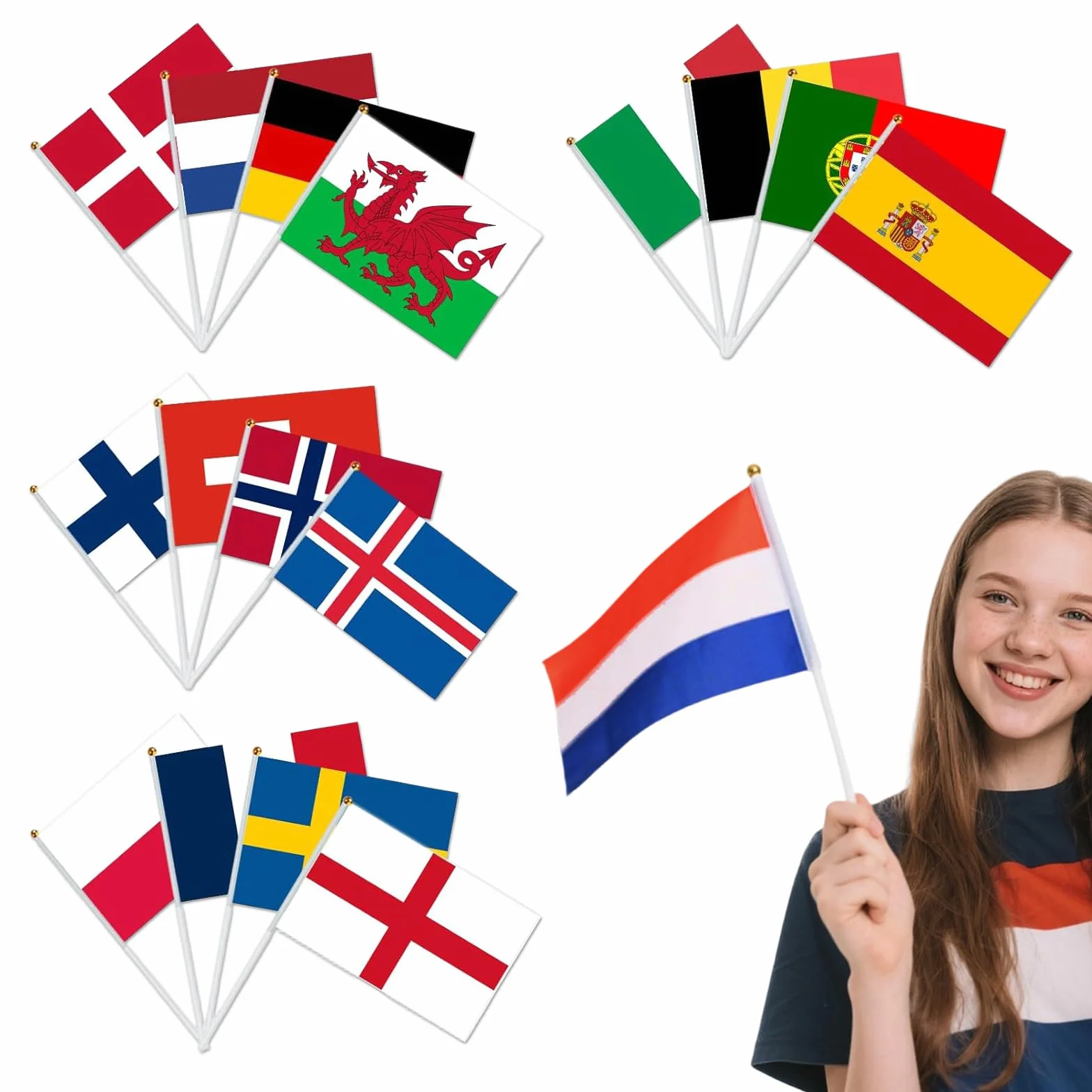Banderas de 16 Naciones en Palo para Decoración de Fútbol Europeo Femenino 2025, Banderitas de 14 x 21 cm, Fiestas, Eventos y Celebraciones Deportivas