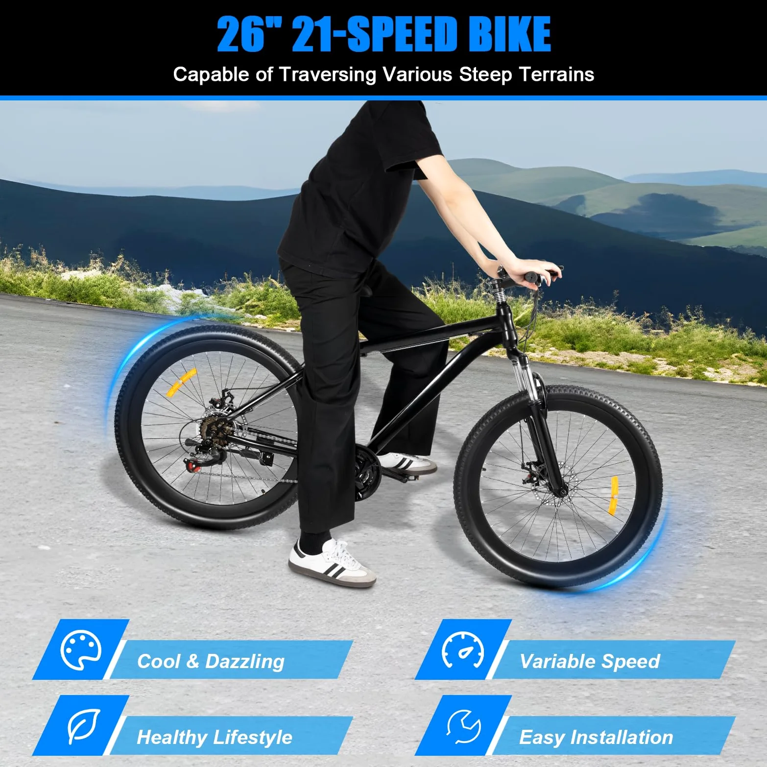 Bicicleta de montaña de 26 pulgadas, bicicletas de 21 velocidades, acero al alto carbono, para adultos, para uso diario, viajes al aire libre, hasta 150 kg, color negro