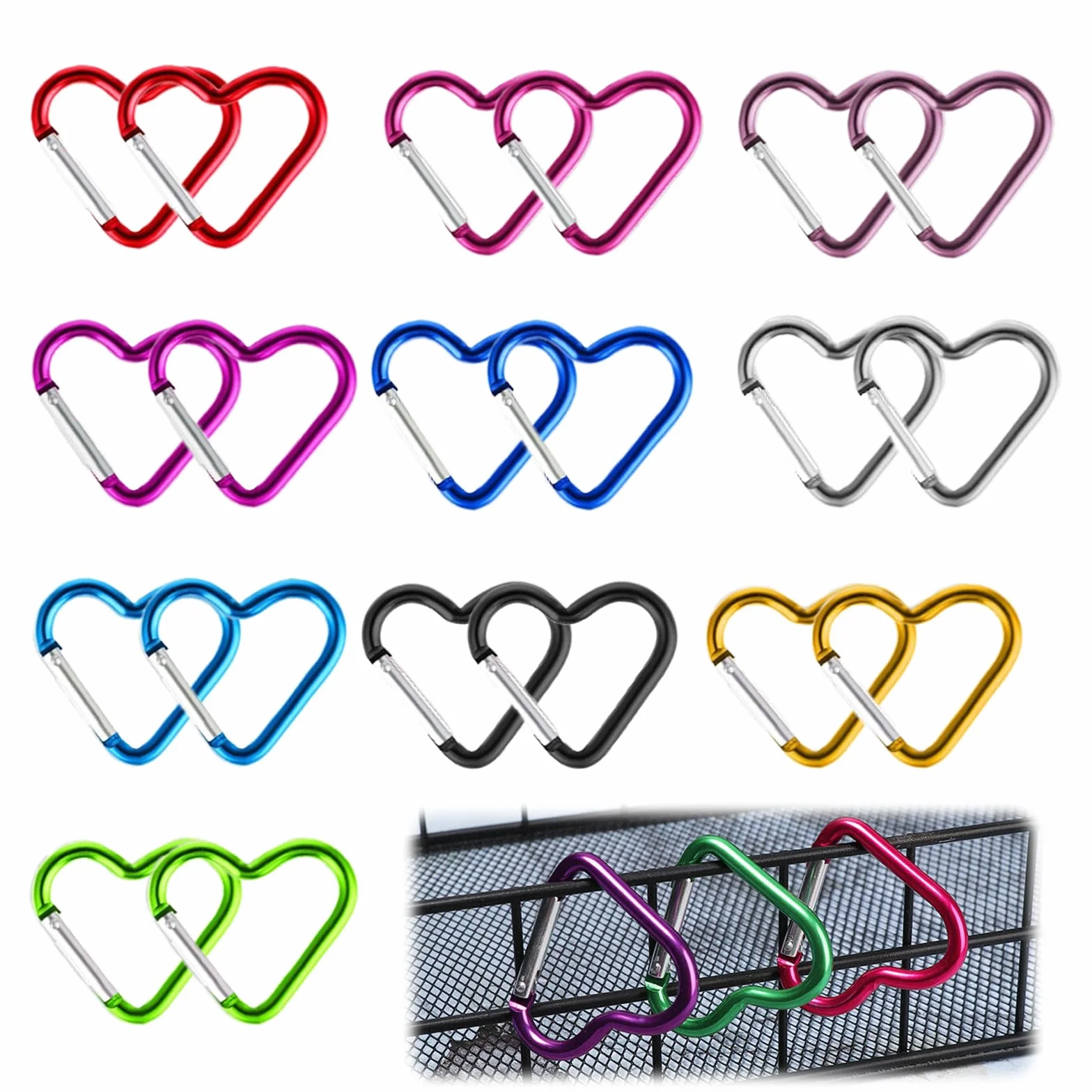Mosquetón de Corazón,Mosquetón en Forma de Corazón,Mosquetones de Aluminio con Forma de corazón,Hebilla pequeña Multifuncional de 20 Piezas, Duradera, no se oxida fácilmente