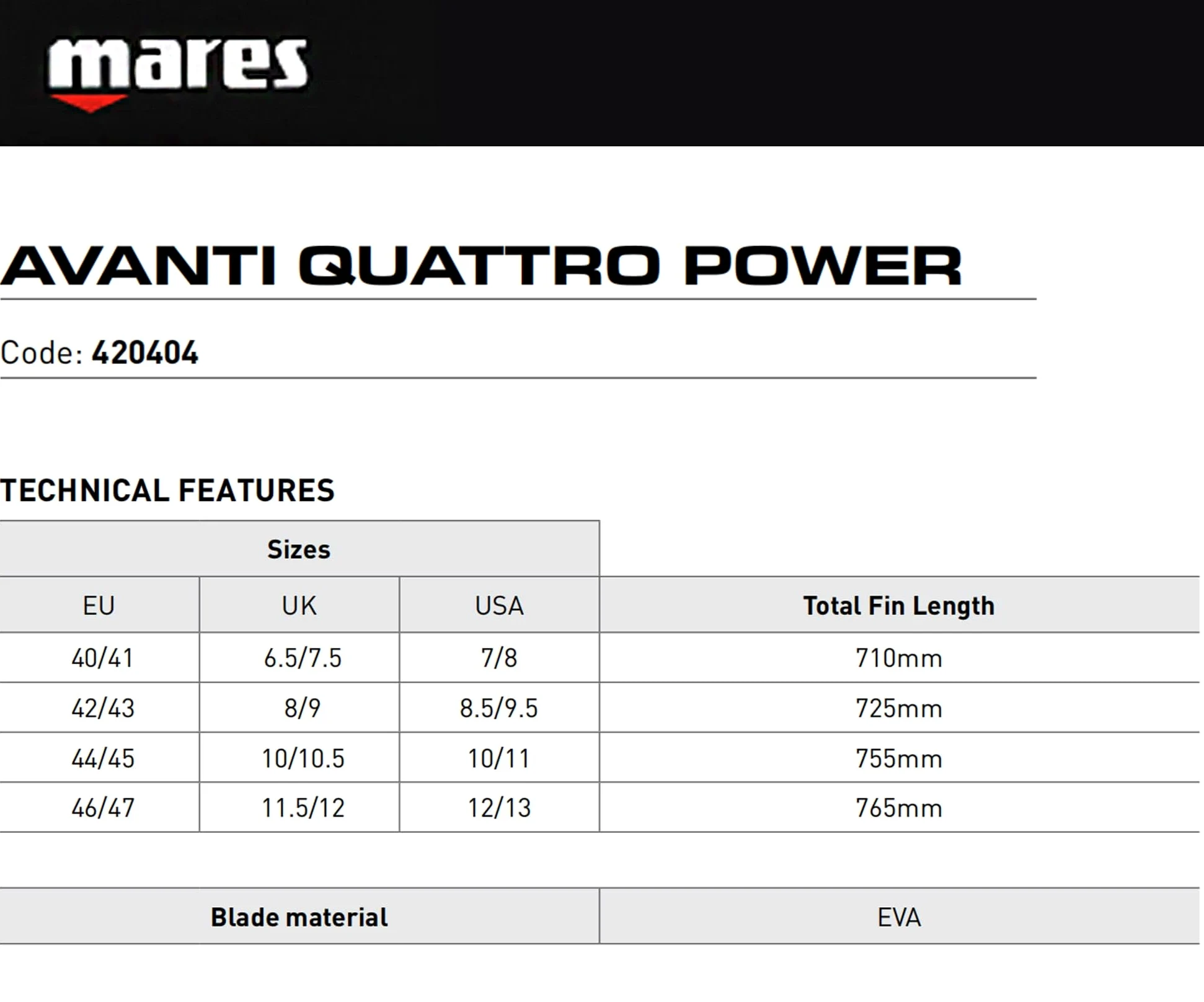 Mares Fins Avanti 4 Power SF Aletas, Unisex Adulto