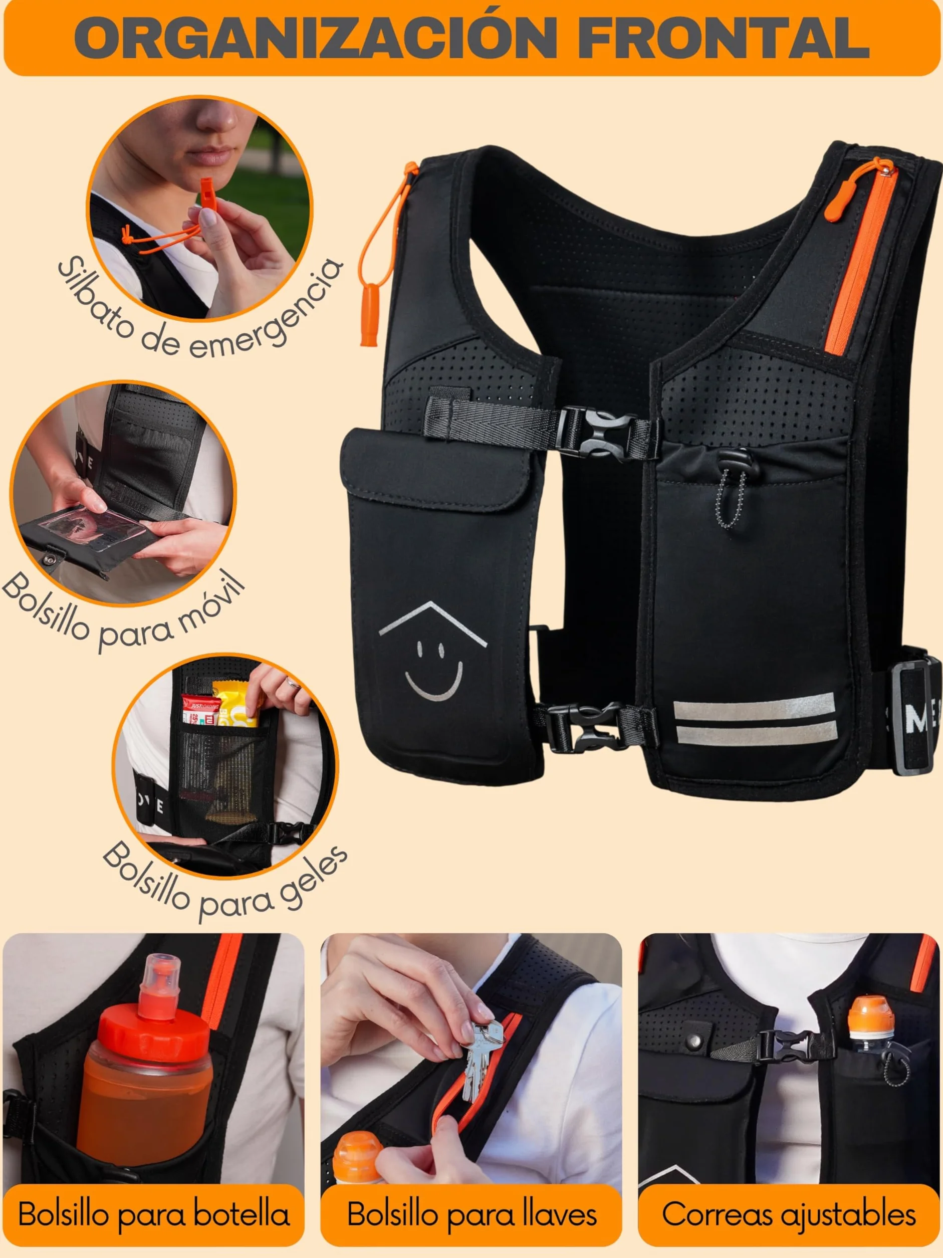 Chaleco Running Seguridad Hombre Mujer Ligero Sin Rebote 7 Bolsillos Transpirable Reflectante