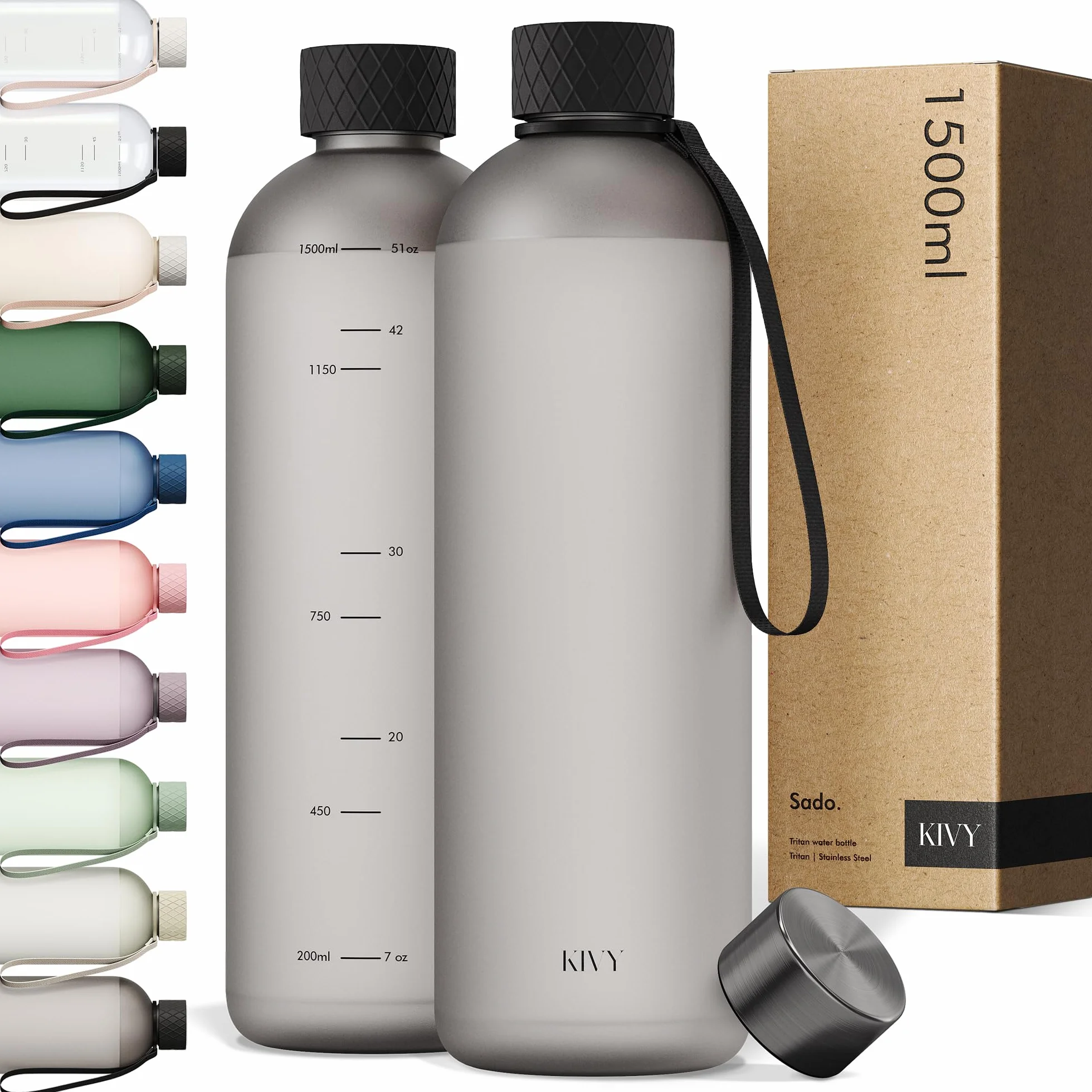 KIVY Botella de Agua Tritan 1,5 L - Estanca & Apto para Lavavajillas - Para Deporte, Gimnasio, Escuela y Oficina - Botella Deporte - Garrafa de Agua para Gym - Botellas Agua 1,5 L -Sin BPA