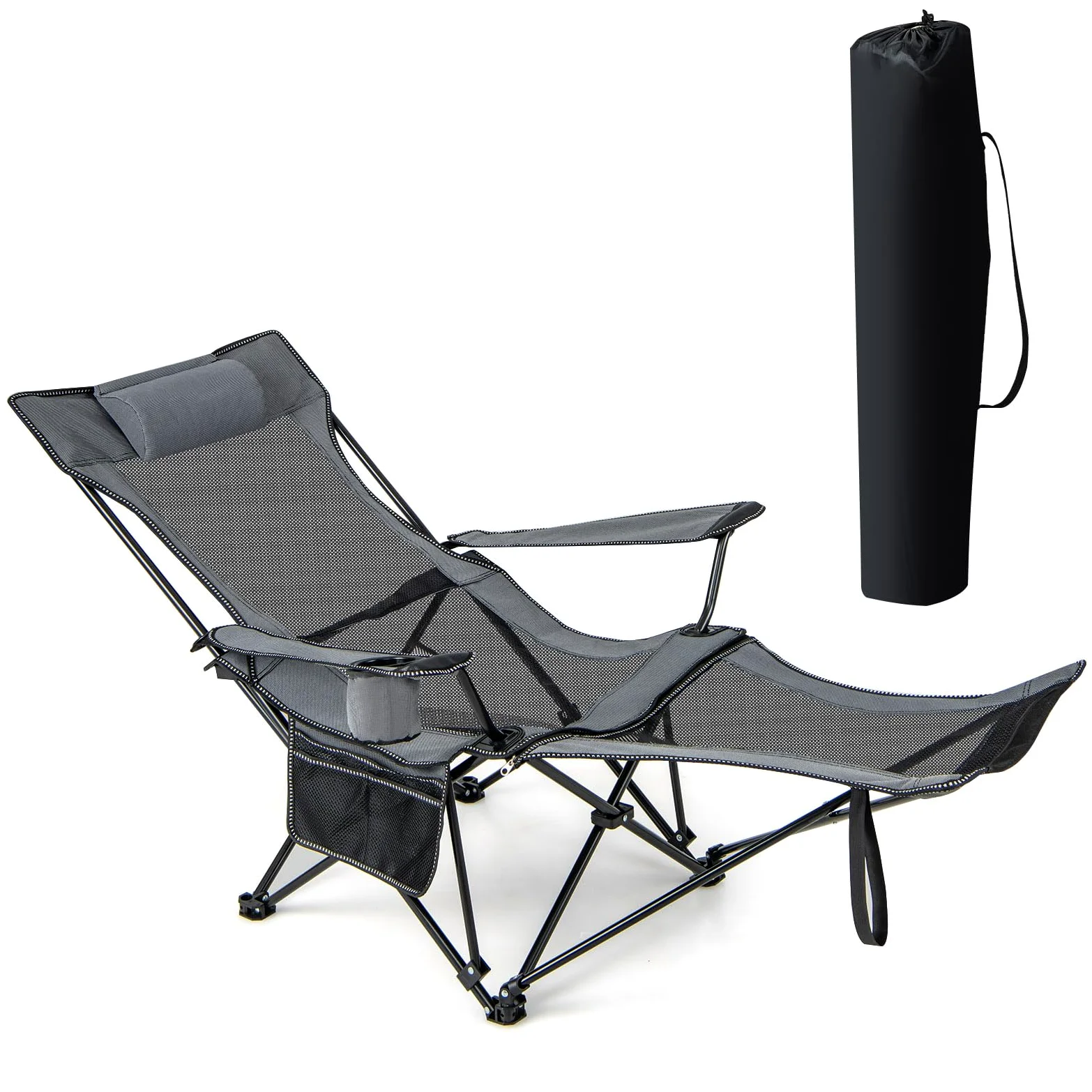 KOMFOTTEU Silla de Camping Plegable, Silla de Pesca con Respaldo Ajustable y Reposapiés Extraíble, Tumbona con Soporte para Bebidas, Bolsillo Lateral y Bolsa de Transporte (Gris)