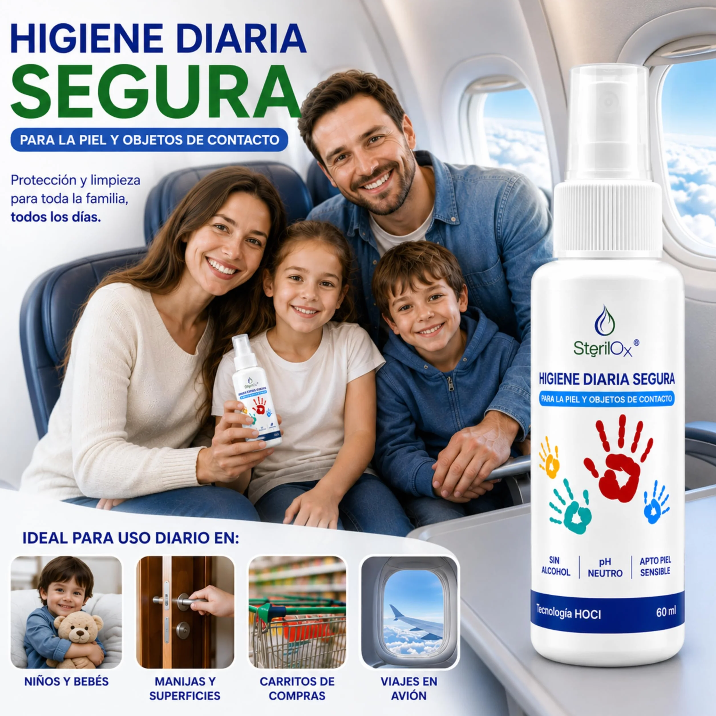 Spray Cosmético Antiseptico 60 ml con Ácido Hipocloroso, Sin Alcohol, Sin Perfume, Seguro para Niños y Mascotas