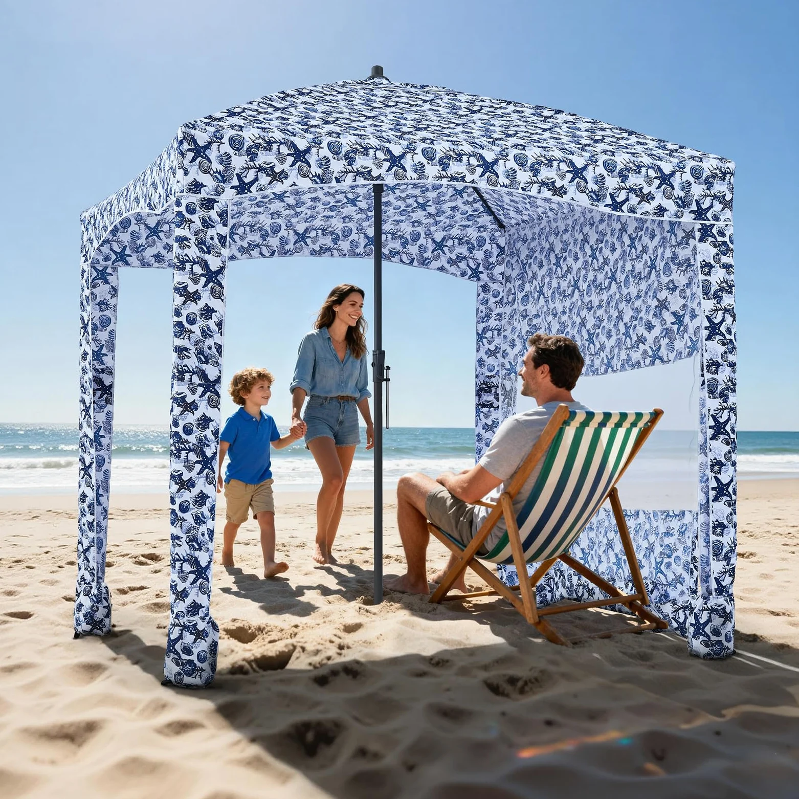 VEVOR Cabaña de Playa 183 x 183 cm, con Toldo Lateral, Protección Solar UPF 50+, con Sacos de Arena y Sombrilla Portátil Grande para Uso al Aire Libre en Familia y con Amigos, Rayas Azul Marino