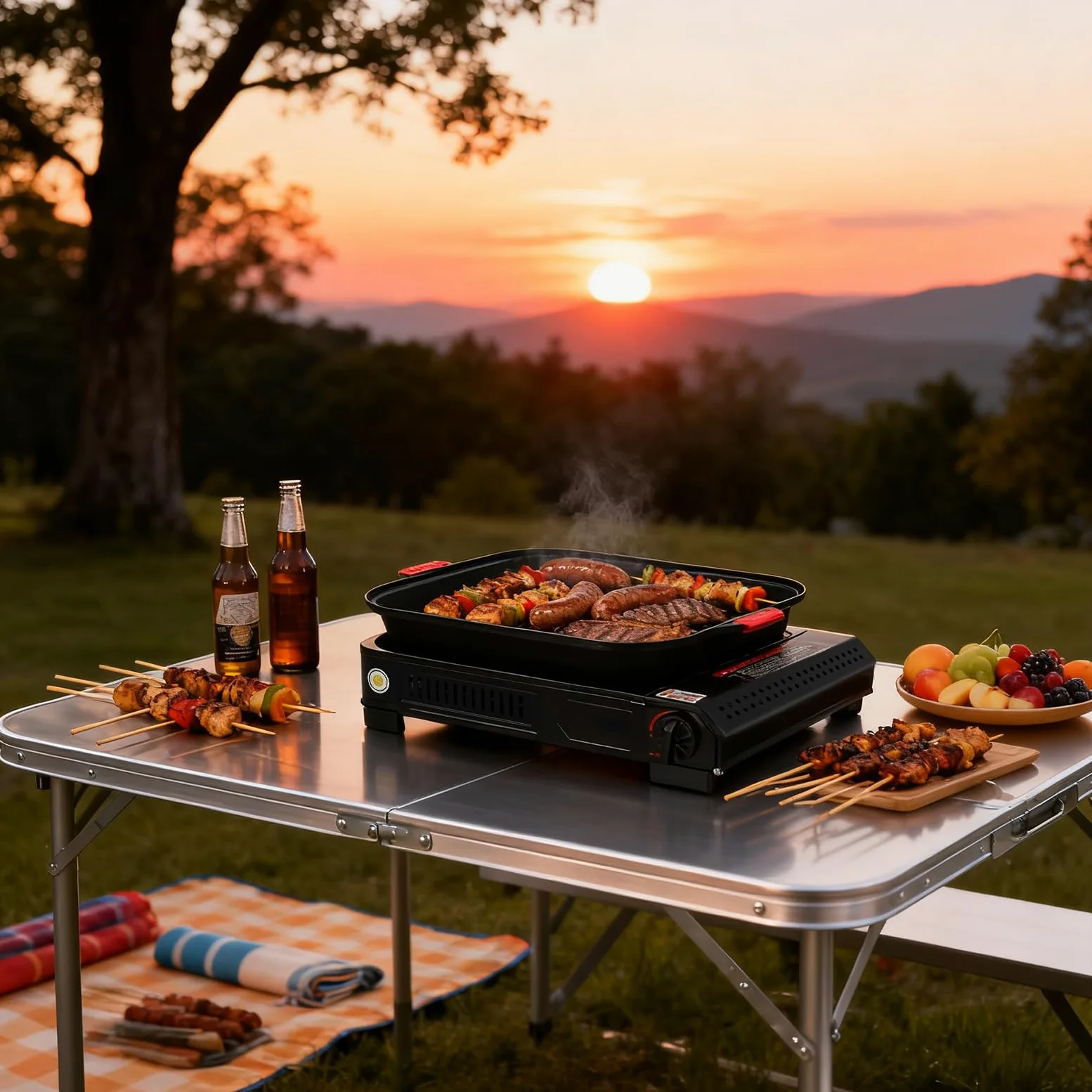 Barbacoa de gas para camping, pequeña 2,1 kW, hornillo de gas con placa de parrilla y tapa de cristal, para camping, bidón de butano, hornillo de camping para interiores, exterior (con asa)
