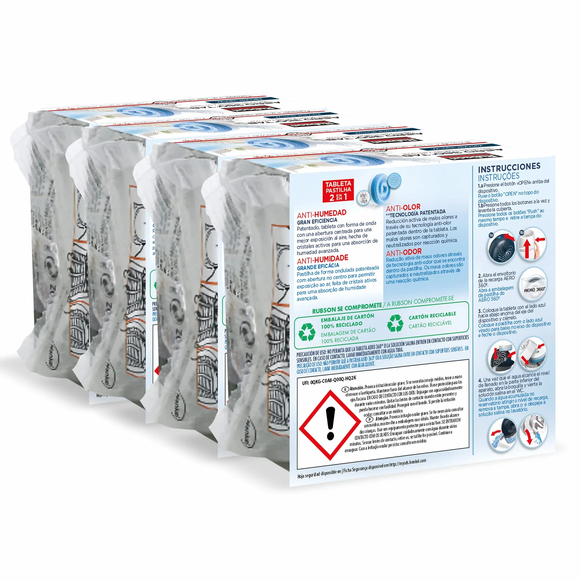 Rubson AERO 360° Tabletas Recambio Olor Neutro Absorbe Humedad 4 x 450 g