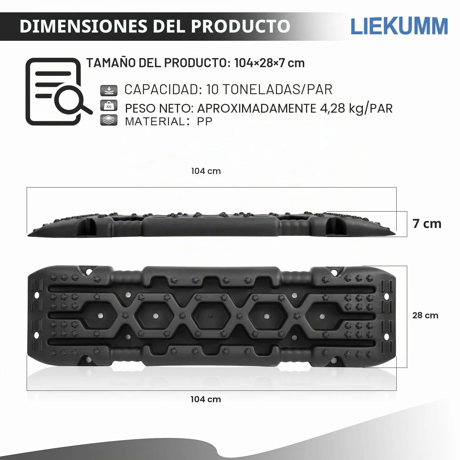 LIEKUMM 2 x hojas de arena todoterreno ayuda a la tracción para la nieve, todoterreno, 10 T, para la recuperación de coche, camión, 105 x 29 x 6 cm