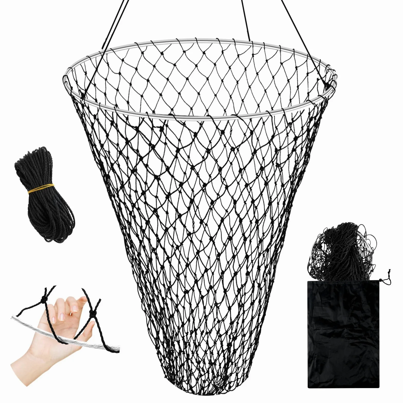 Red de pesca plegable para puente y muelle para pesca en el muelle, red de caída de alta carga, cesta de peces para agua salada, cesta plegable de agua dulce con cuerda de 49.2 pies, aro de