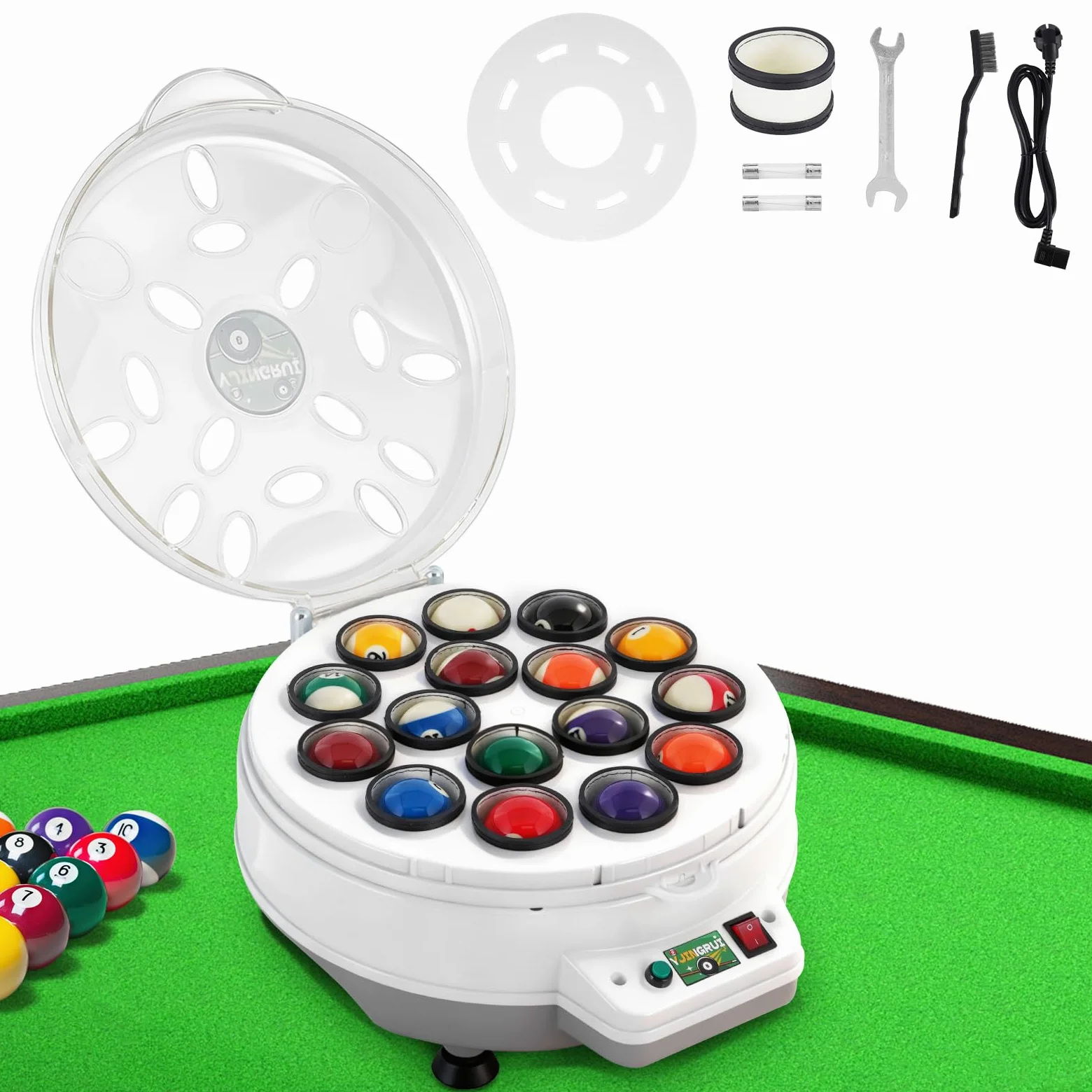 YJINGRUI Limpiador automático de bolas de billar, 16 bolas de piscina, pulidora, máquina de limpieza de bolas de billar, con llave y cepillo para bolas de billar de 57,2 mm