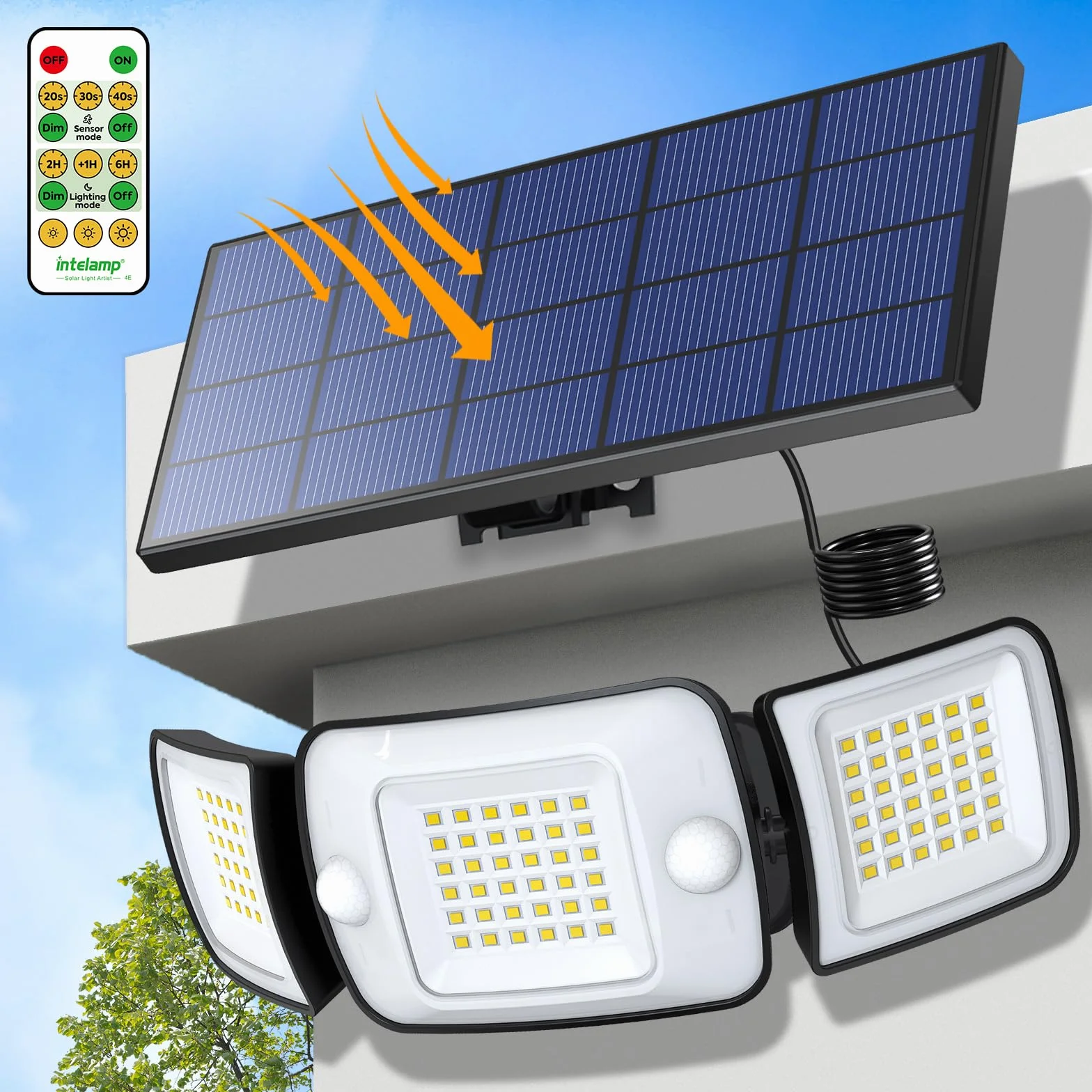 intelamp Focos Exterior Solares, 6000mAh Doble Sensor 270°Iluminación Sensor de Movimiento, 6500K, IP65 Luz Solar Exterior Jardin Lampara Solar con Mando a Distancia para Jardín, Garajes, 4 Modes