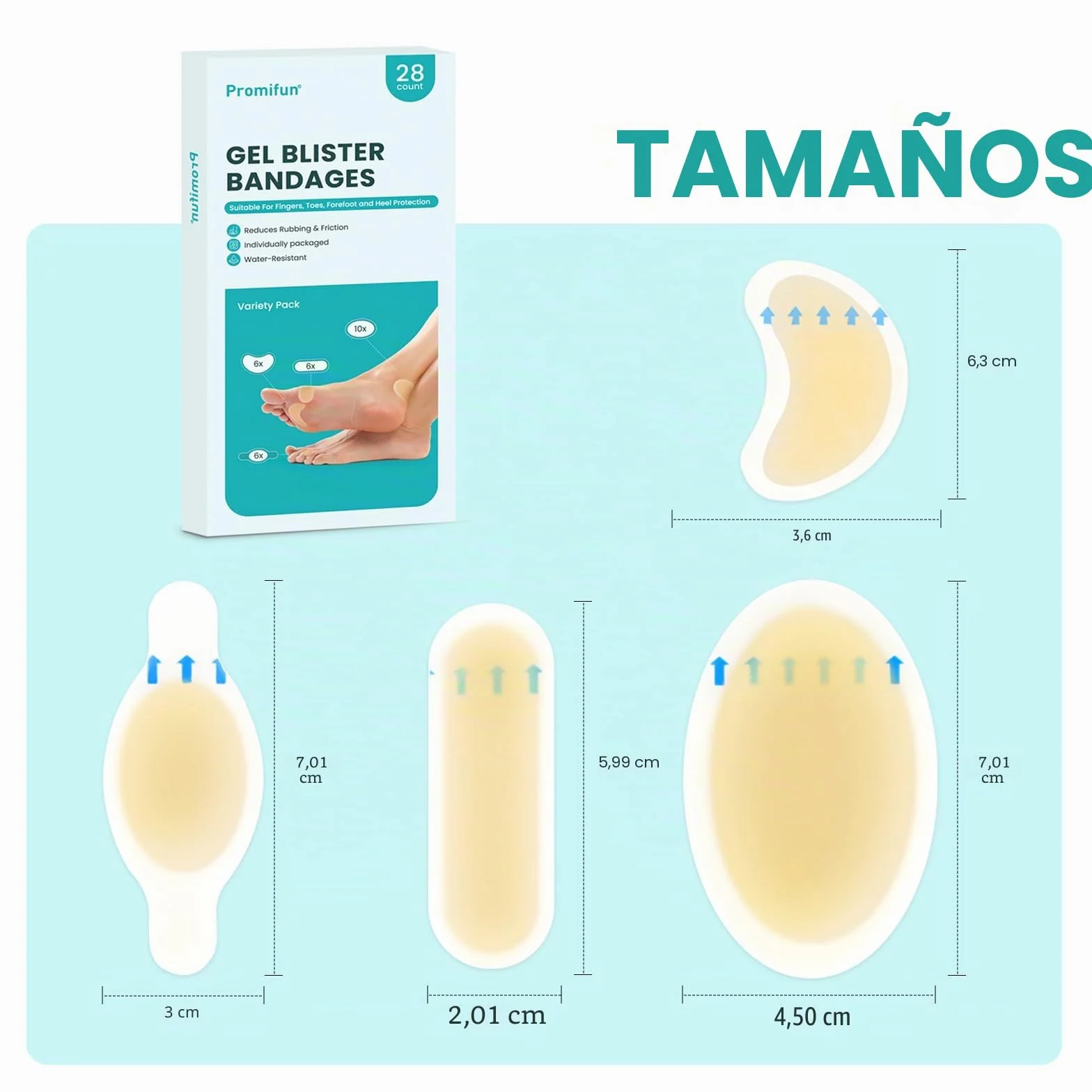 Promifun Almohadillas para ampollas, 28 unidades, resistentes al agua, vendas hidrocoloides para pies, dedos y talones
