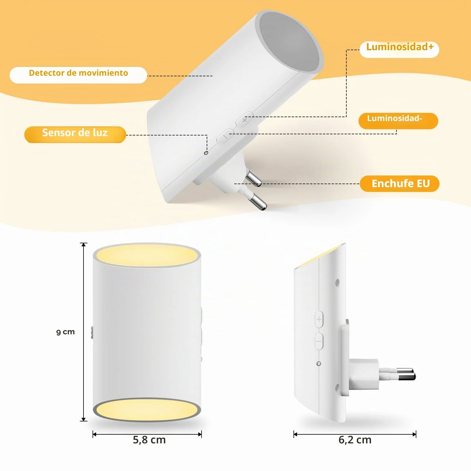Luz Nocturna Infantil 2 Piezas con Sensor de Movimiento y Luz, 3000K Regulable 1-100 LM para Habitación de Niños