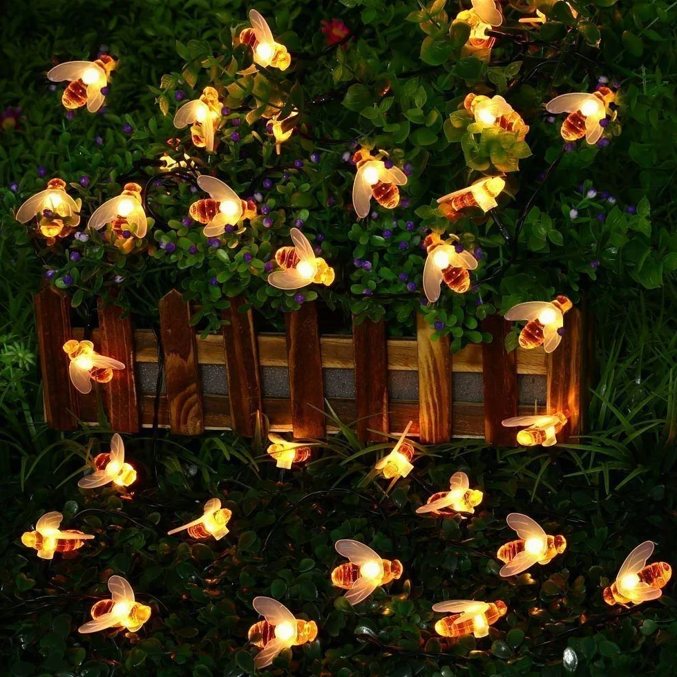 Augone Guirlande Lumineuse Solaire Extérieur 50 LED Abeille 7M 8 Modes Éclairage Étanche IP65 Blanc Chaud