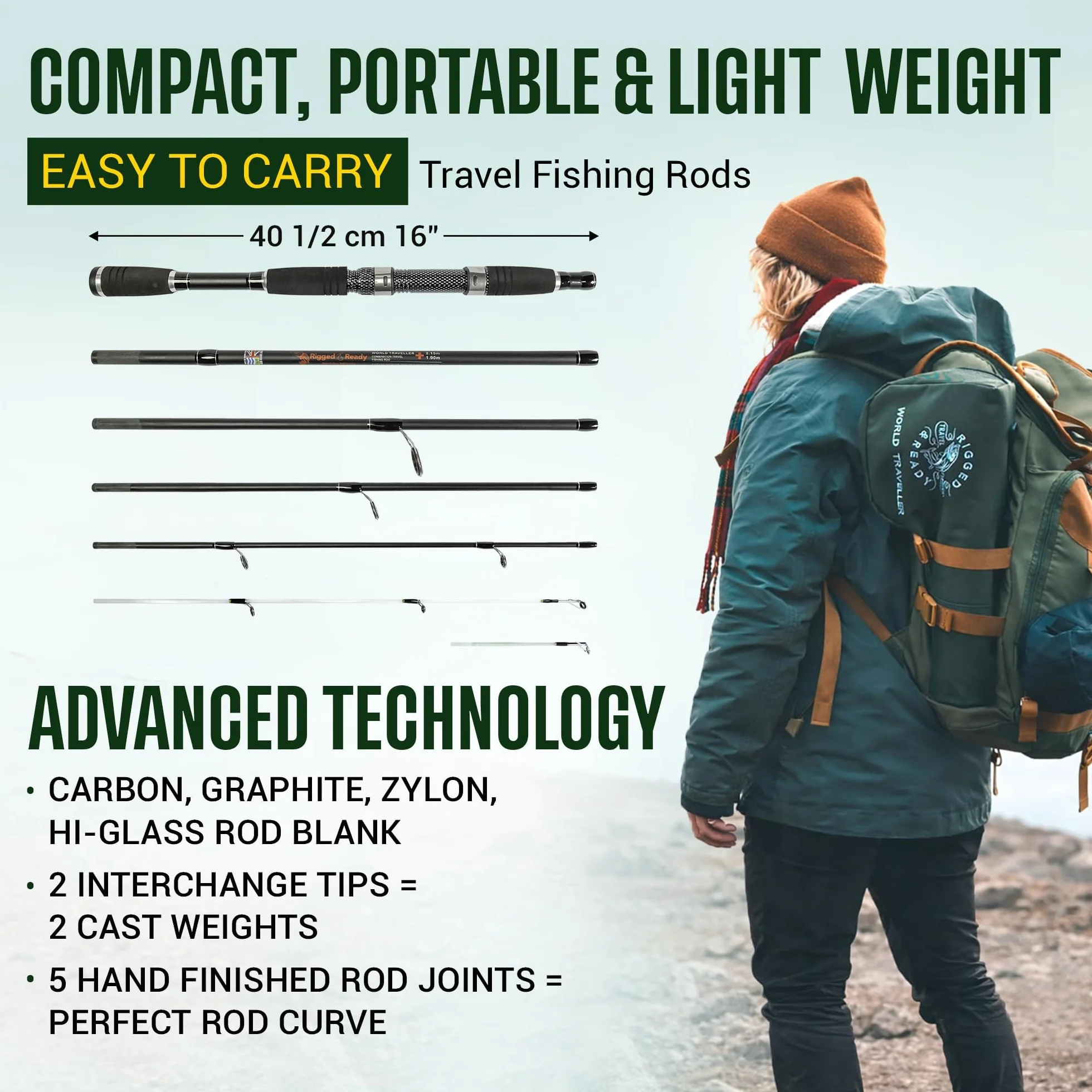 Rigged and Ready World Traveller Travel Fishing Rod Reel & Case Set Compact 6 Sections, 2 Tips 215 cm 7 Inches + 1.9 cm 6 Inches 2.5 cm Nano Carbon Fishing Rod Options Spin Bait Carp Pike Sea Fishing