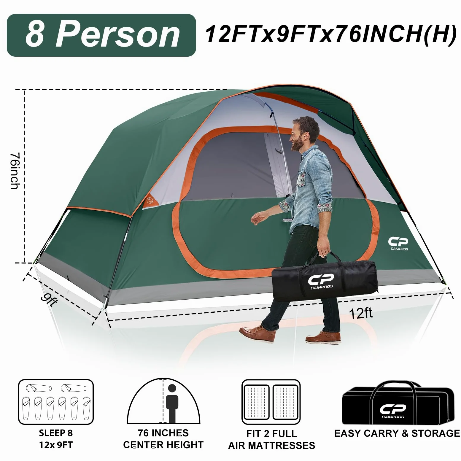 CAMPROS CP Tienda de Camping 6-8 Personas, Tienda Familiar Grande Impermeable y Resistente al Viento, Tienda Domo Doble Capa con Ventanas de Malla, Montaje Rápido, 4 Estaciones con Doble Techo y Bolsa