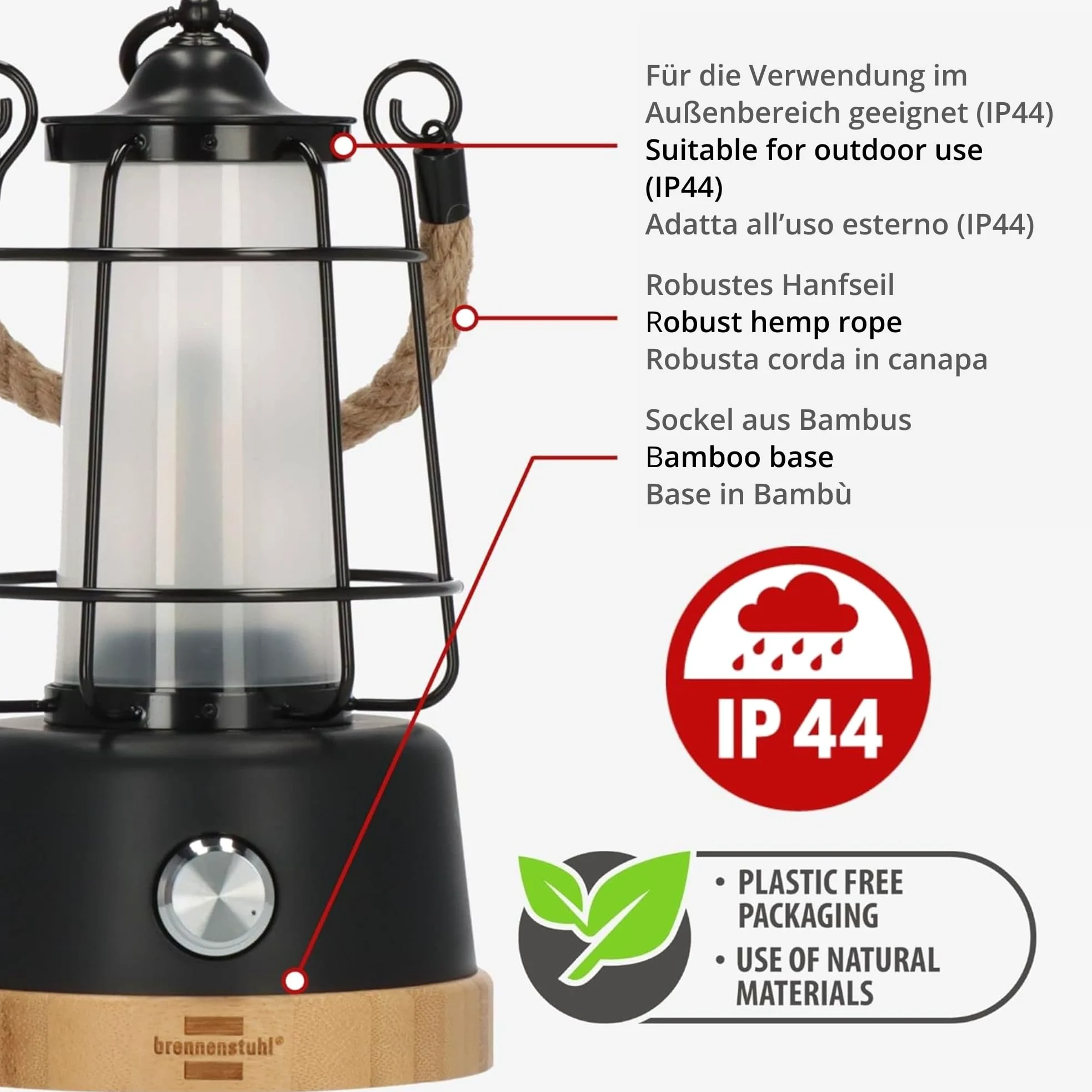 Brennenstuhl linterna camping recargable/lámpara de camping CAL 1 con cuerda de cáñamo y base de bambú (350lm, IP44, hasta 75h de iluminación, luz regulable, power bank)
