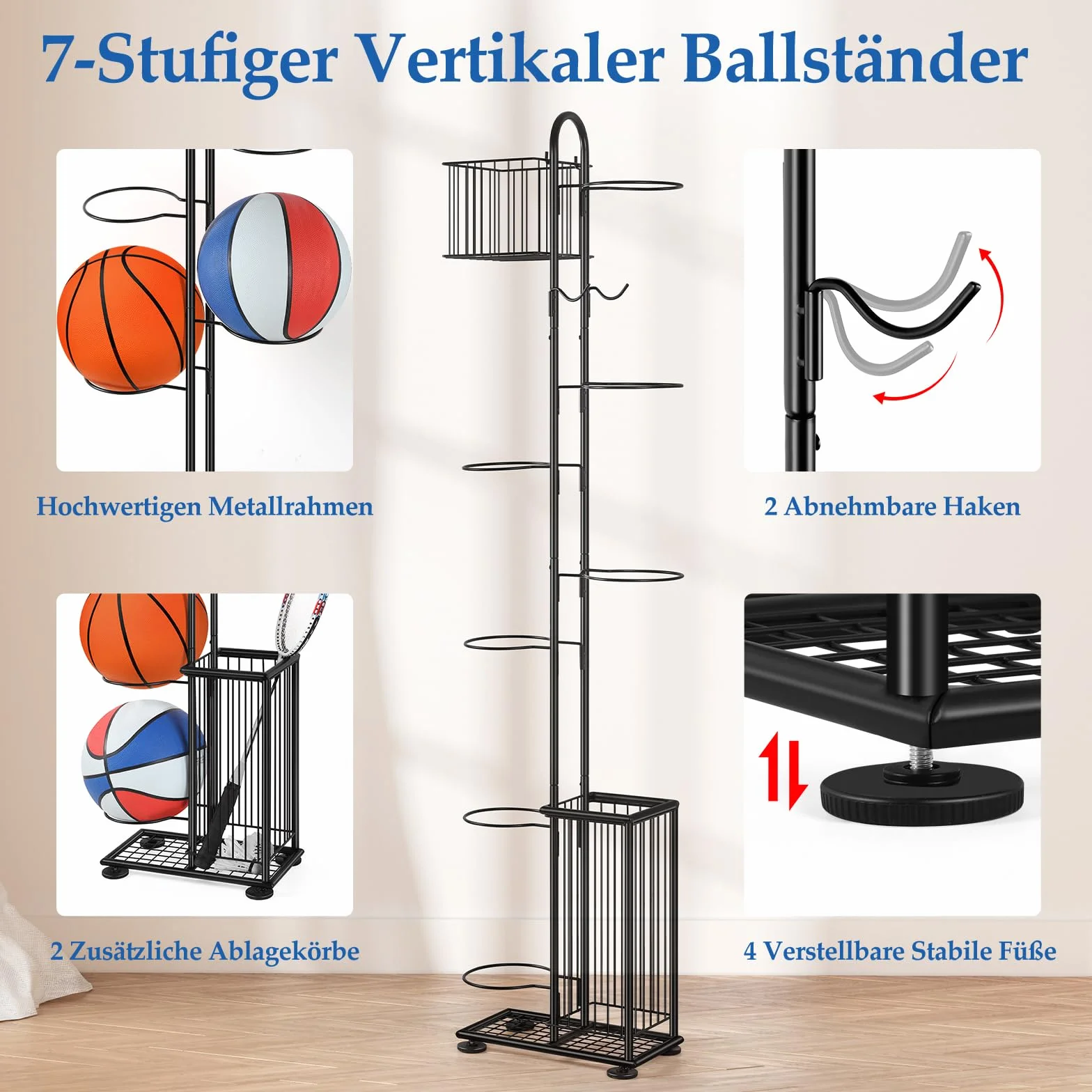 Smusei Soporte de bolas de metal 7 niveles vertical con cestas y ganchos organizador para baloncesto fútbol voleibol