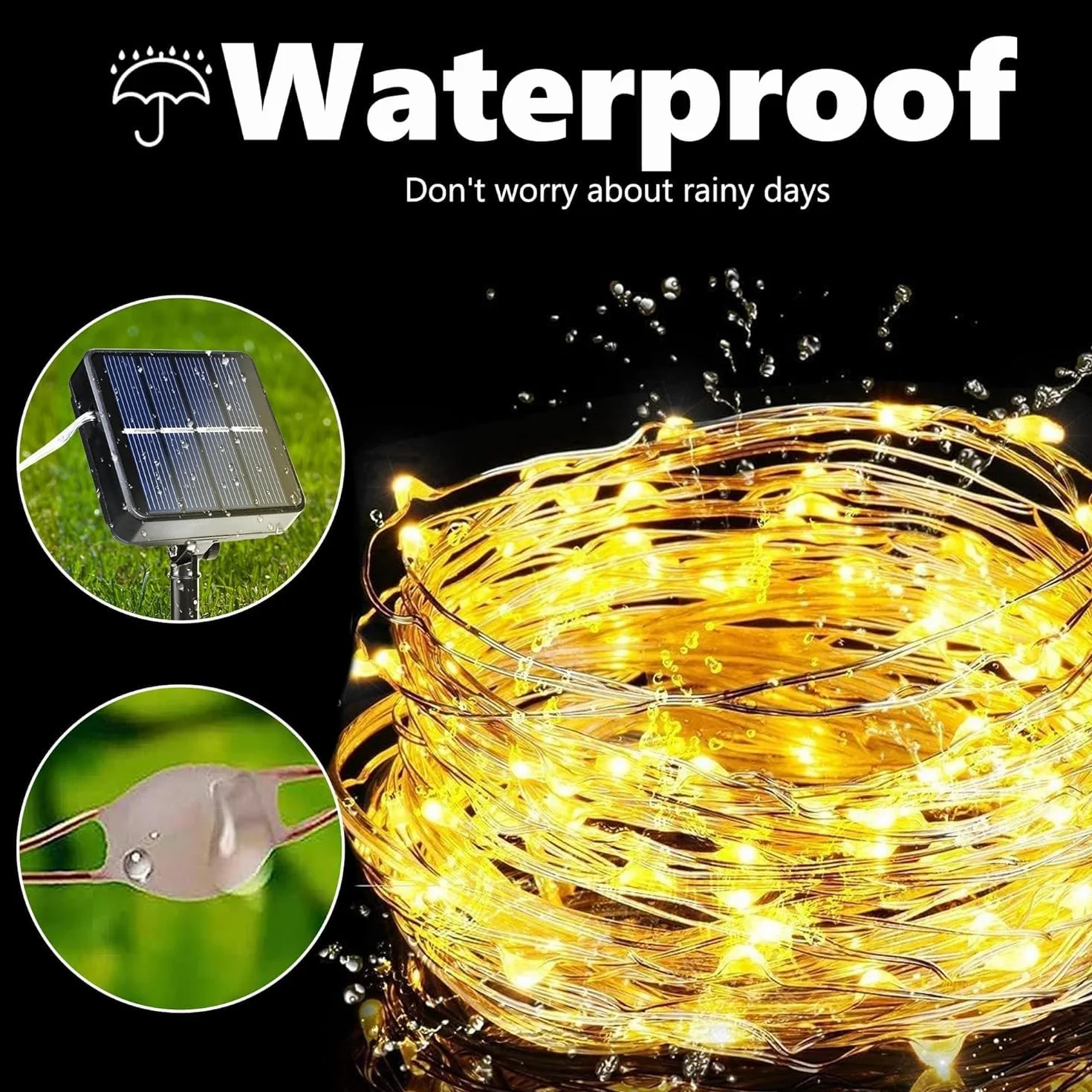 Joomer Luces Solares LED Exterior Jardín 12M 120LED Guirnaldas Alambre Cobre 8 Modos Blanco Cálido Impermeable