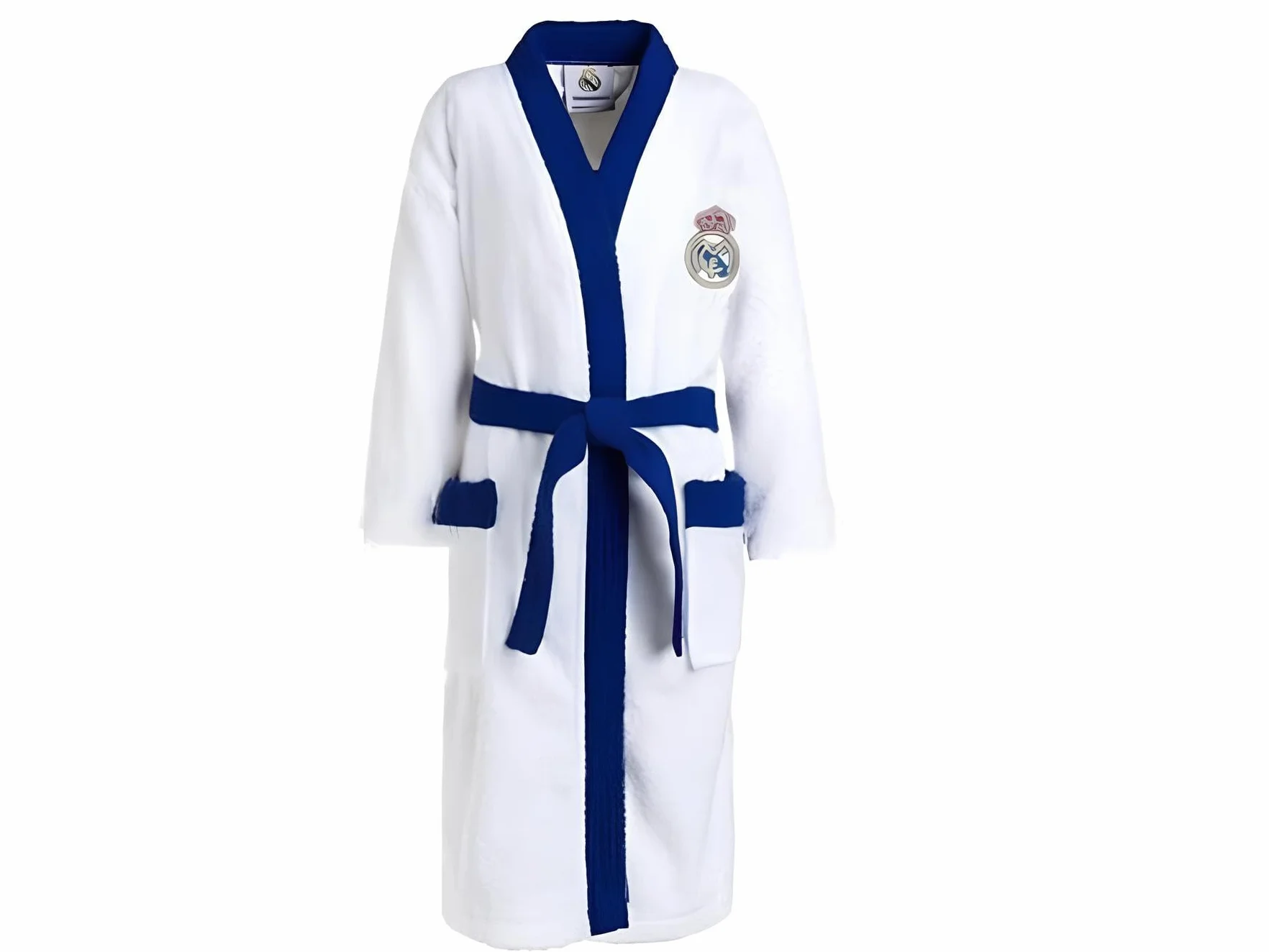 Real Madrid Albornoz Oficial, 100% Algodón, Blanco y Azul, Con Logotipo Bordado, 400g/m² Tallas Infantil y Adulto