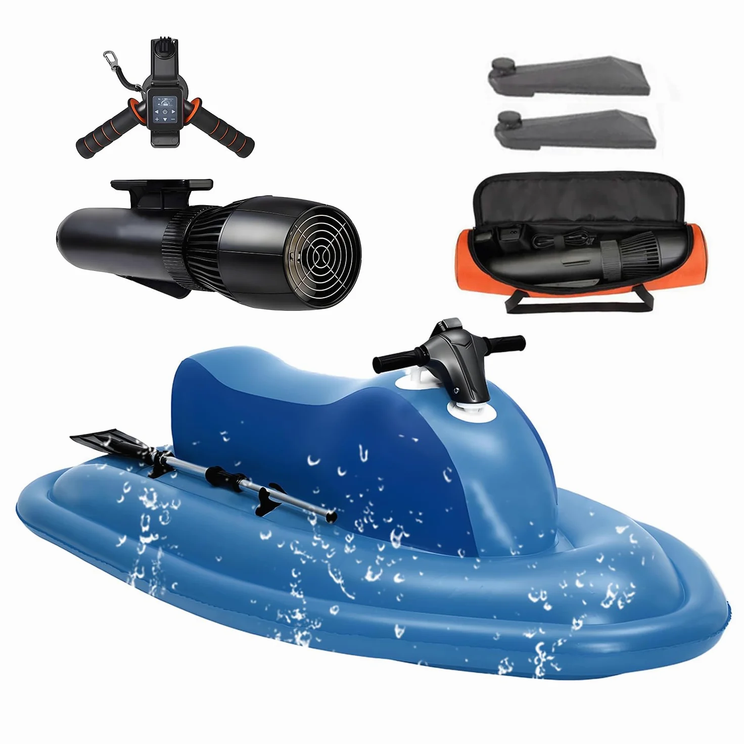 Moto acuática inflable eléctrica, kit de bote combinado inflable con motor SUP, propulsor a control remoto, bolsa de almacenamiento para asa y propulsor, capacidad máxima de 330 lb,500W10A