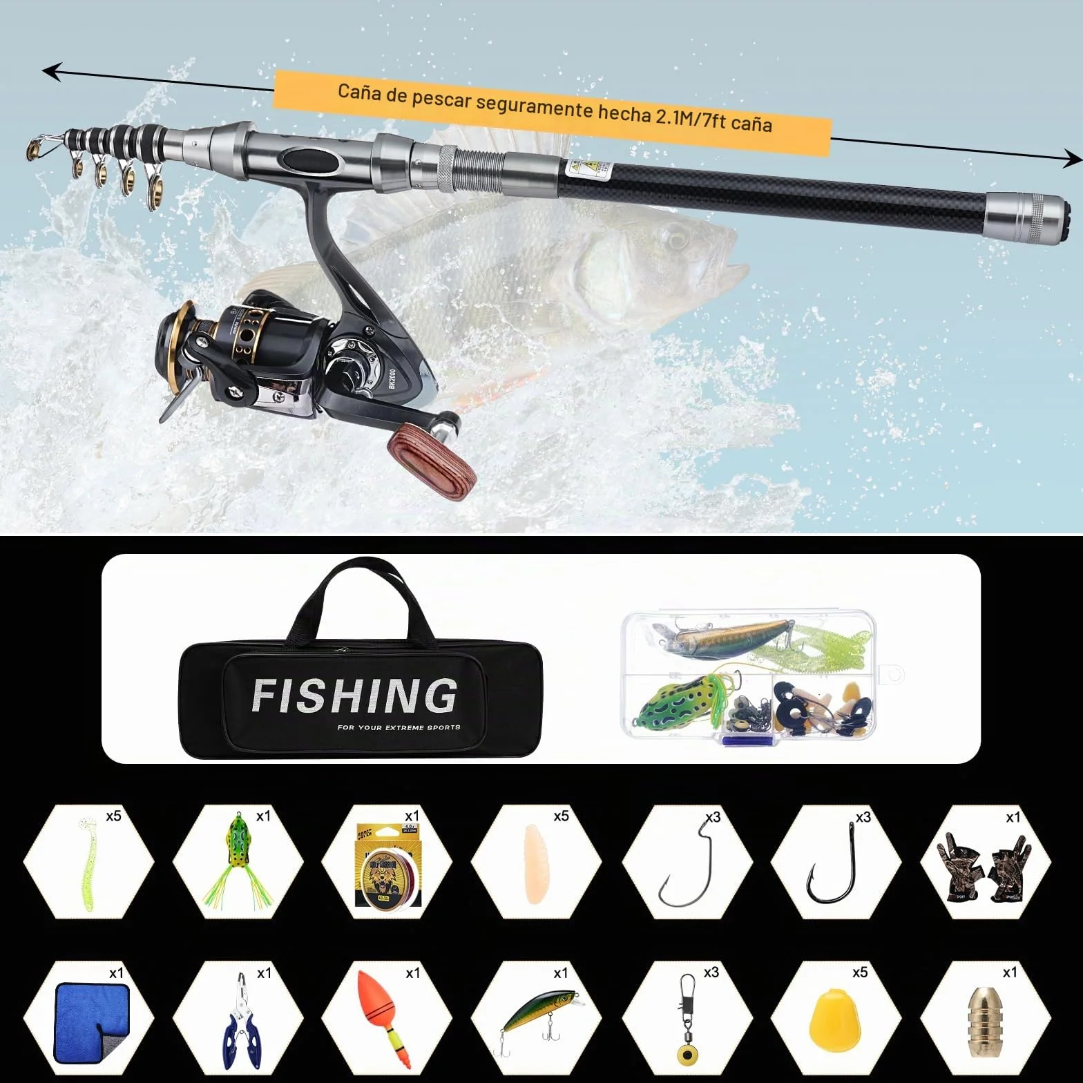 Telescopic Fishing Rod and Reel Combo Set 2.1m Metal Fishing Pole Kit