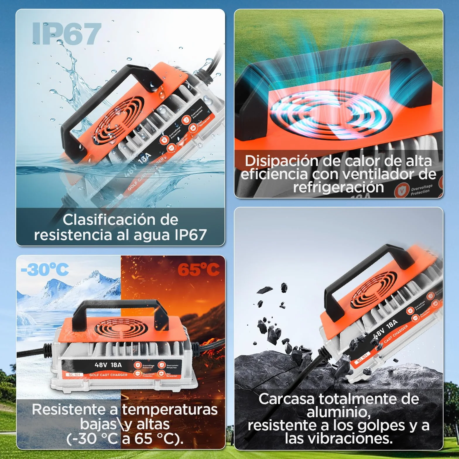 Cargador Inteligente 48V 18A para Carritos de Golf Club Car, Batería Plomo-ácido IP67