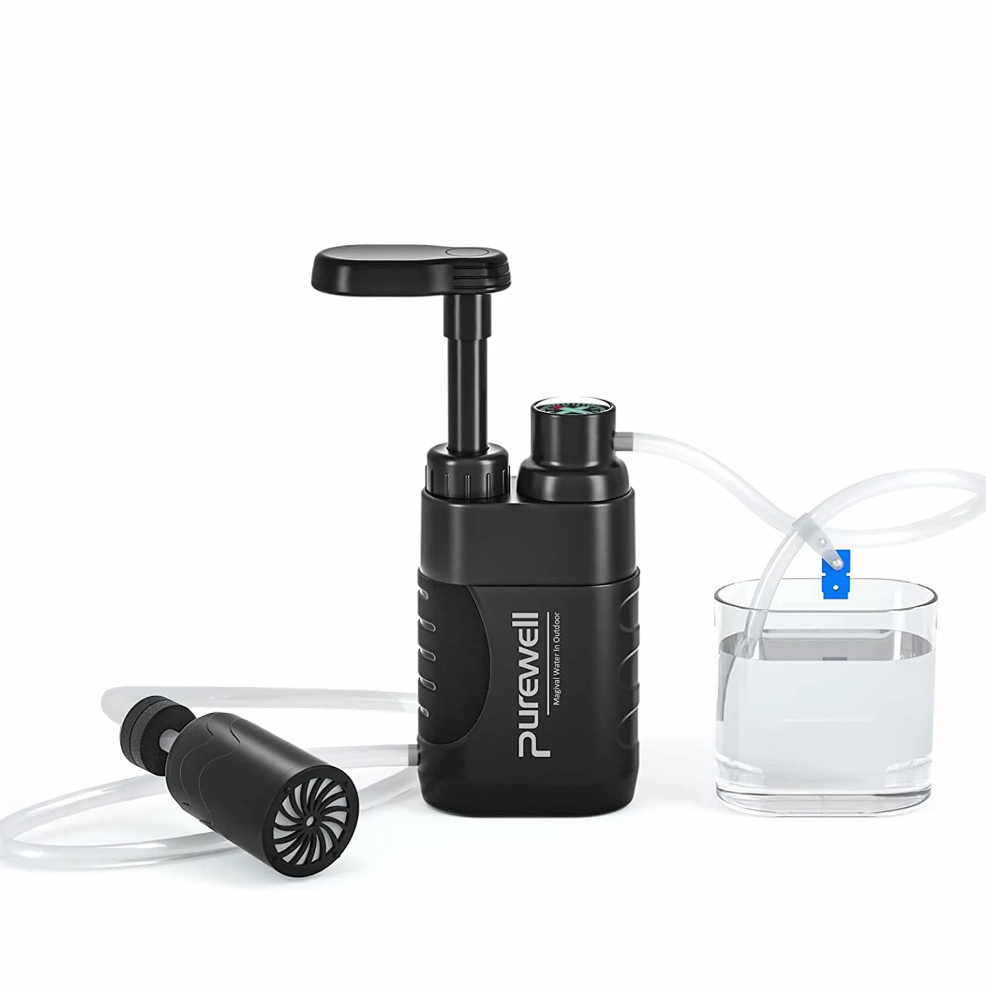 Purewell Water Purifier Pump with Replaceable Carbon 0.01 Micron Water Filter, 4 Filter Stages, Portable Outdoor Emergency and Survival Gear - Camping, Hiking, Backpacking