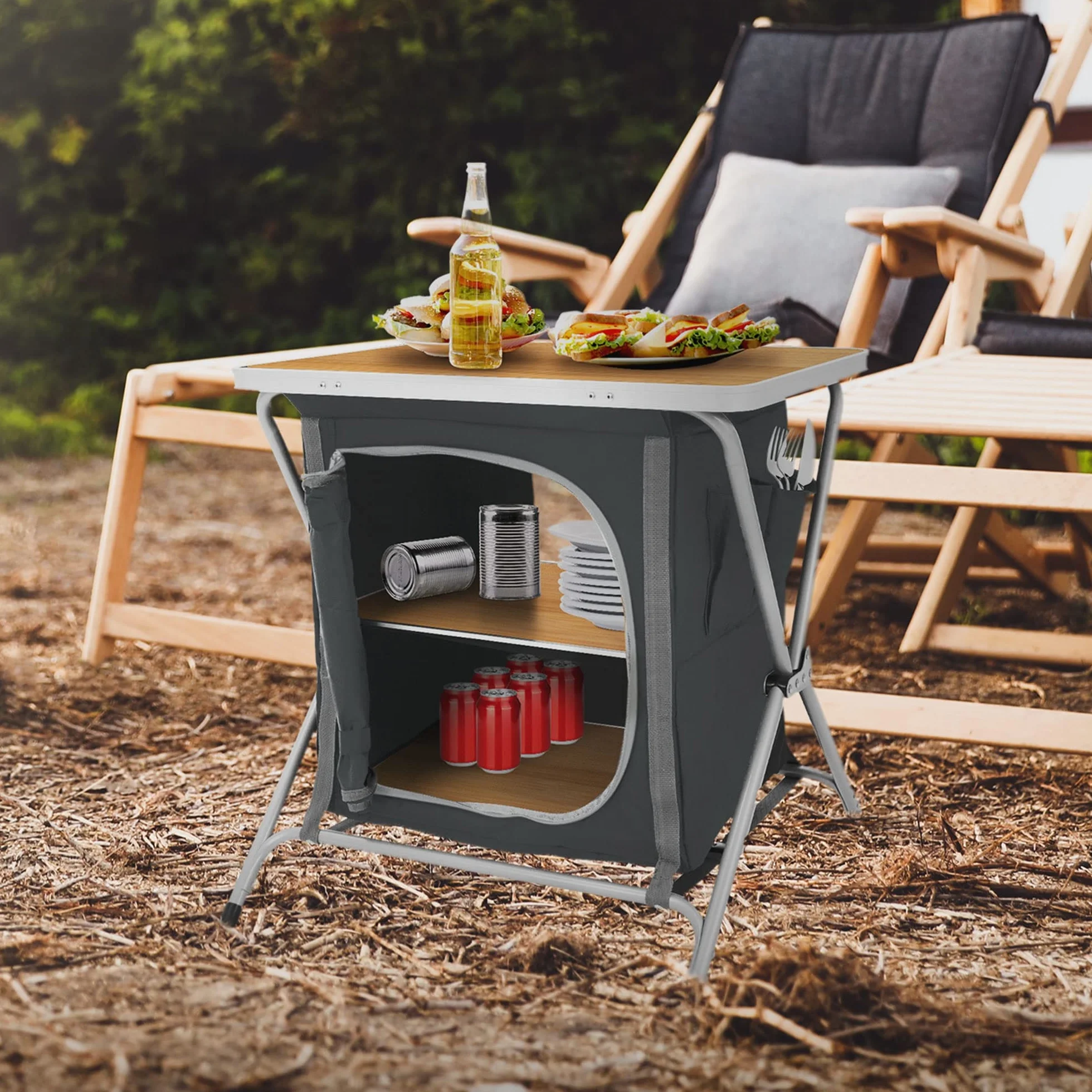ECD Germany Armario de Cocina Plegable para Camping 64x60x45 cm Madera-Negro Caja con Estructura de Aluminio y Tela para Exteriores Mesa Auxiliar Portátil con Encimera 2 Estantes y Bolsa de Transporte