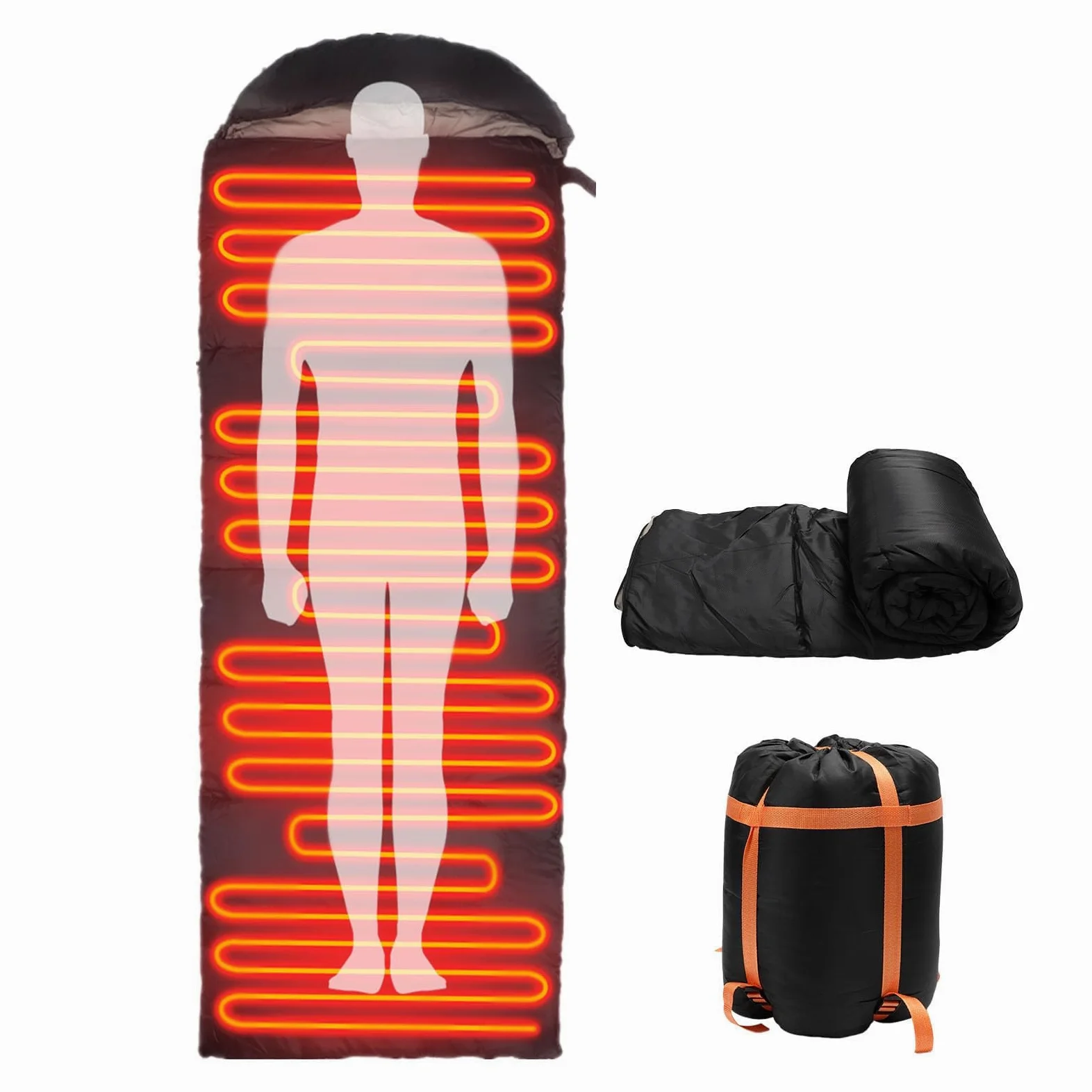 Saco de dormir con calefacción, almohadilla térmica eléctrica con 3 niveles de calefacción ajustables, almohadillas de calefacción alimentadas por USB, capucha ajustable, saco de dormir de camping de