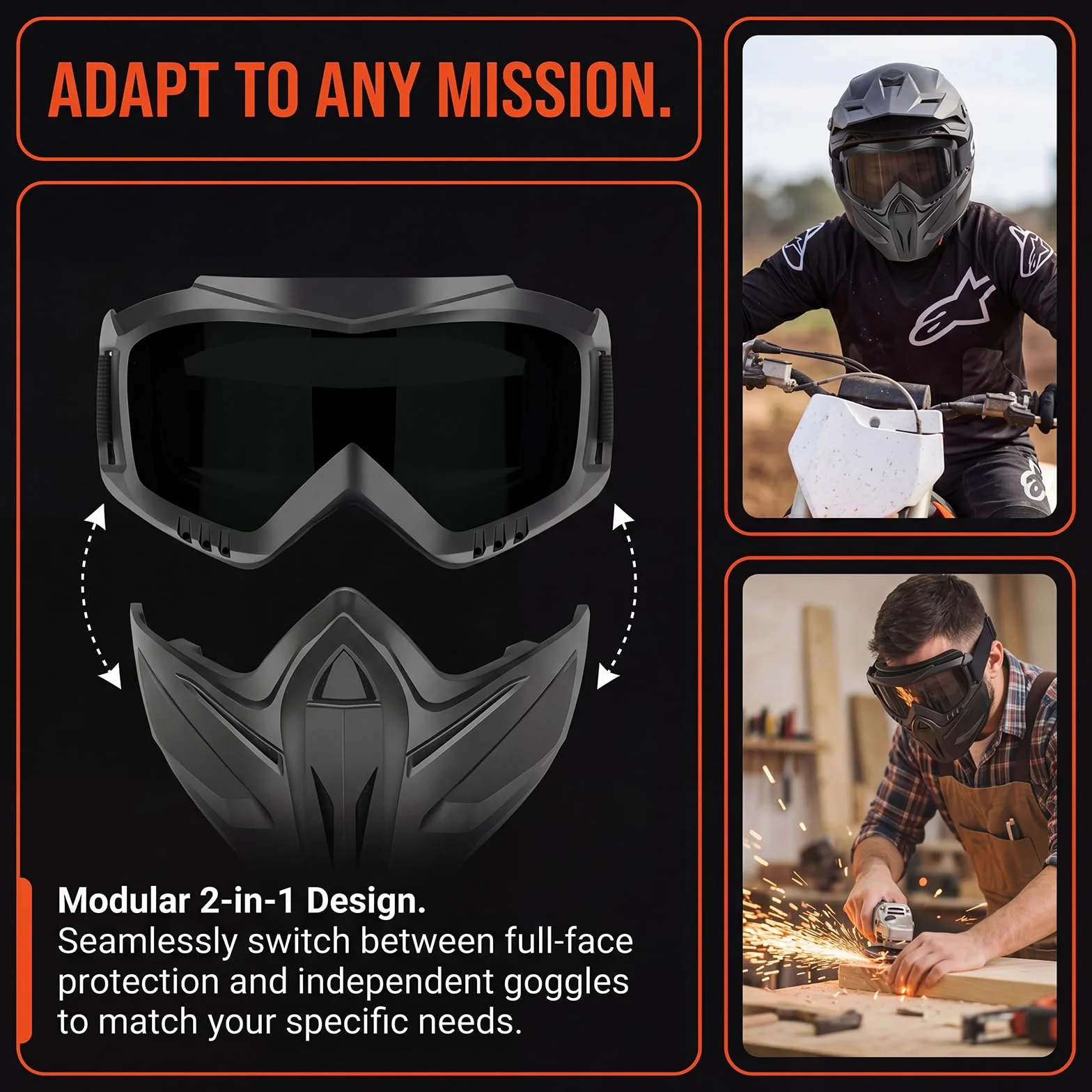 Full Face Protective Mask with Removable Goggles, Anti-Fog Face Shield for Motorcycle Riding, Cycling, Softball & Outdoor Sports