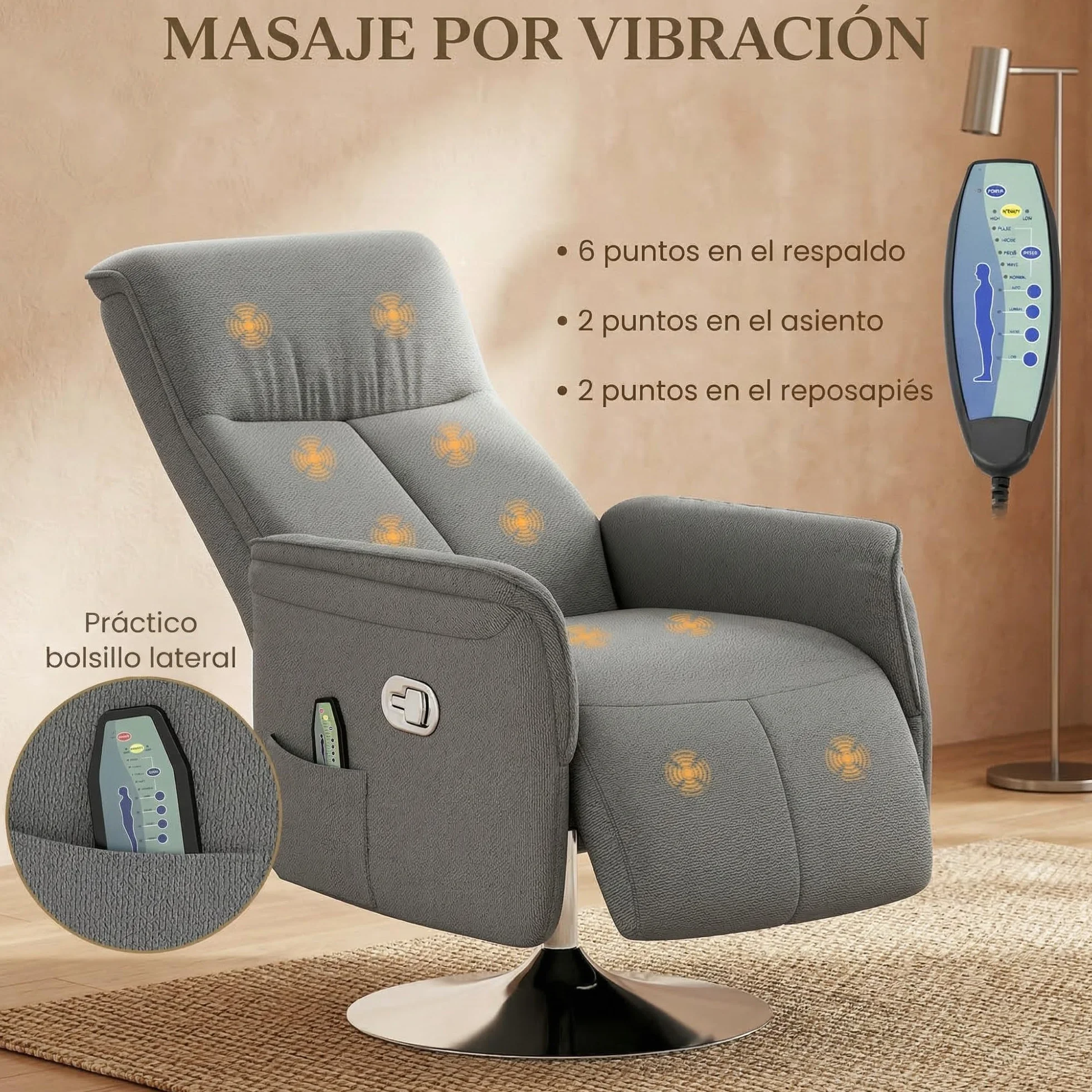 HOMCOM Sillón Relax Reclinable con Reposapiés Masaje 10 Puntos Giratorio 360° Mando a Distancia Gris