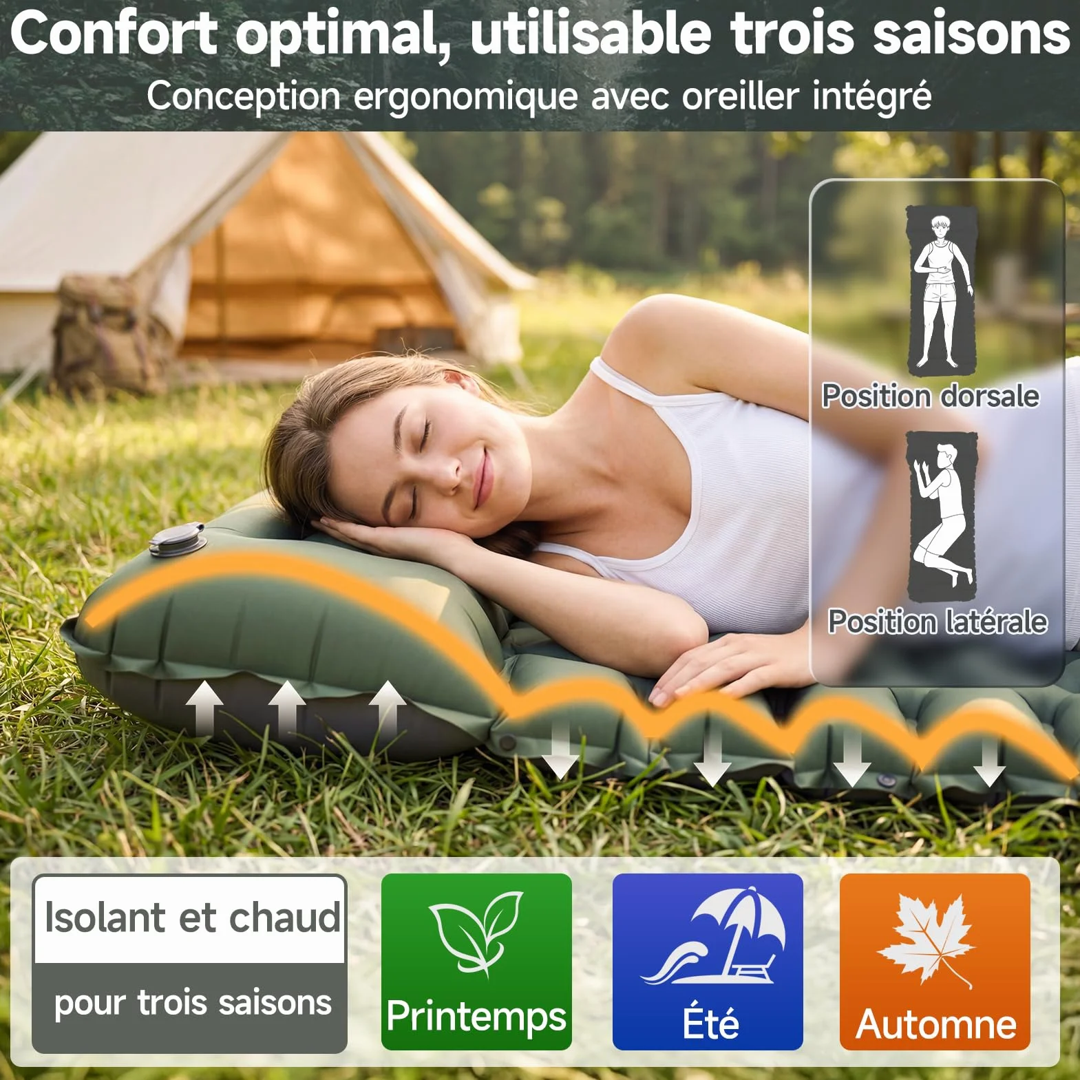 Colchoneta Hinchable de Camping Ultraligera y Extraancha (Tamaño XL), Colchoneta Aislante con Cojín Integrado y Bomba de Pie, 196x74x9 cm, TPU 40D, Portátil para Exteriores y Viajes (Verde Militar)