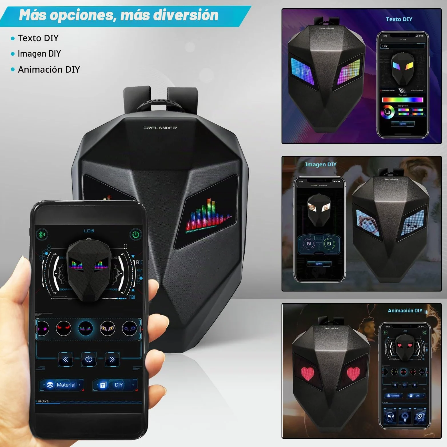 Crelander Mochila para motocicleta, mochila de caballero programable con LED, funda rígida para laptop, mochila para motocicleta, mochila para casco