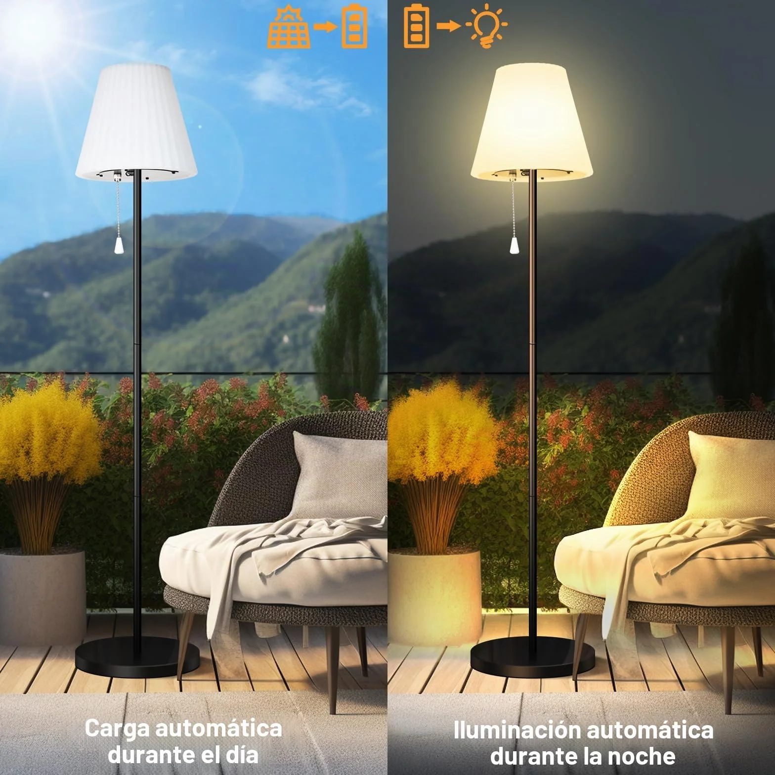 Lámpara de pie solar exterior IP65 resistente al agua USB recargable brillo regulable blanco cálido RGB inalámbrica terraza